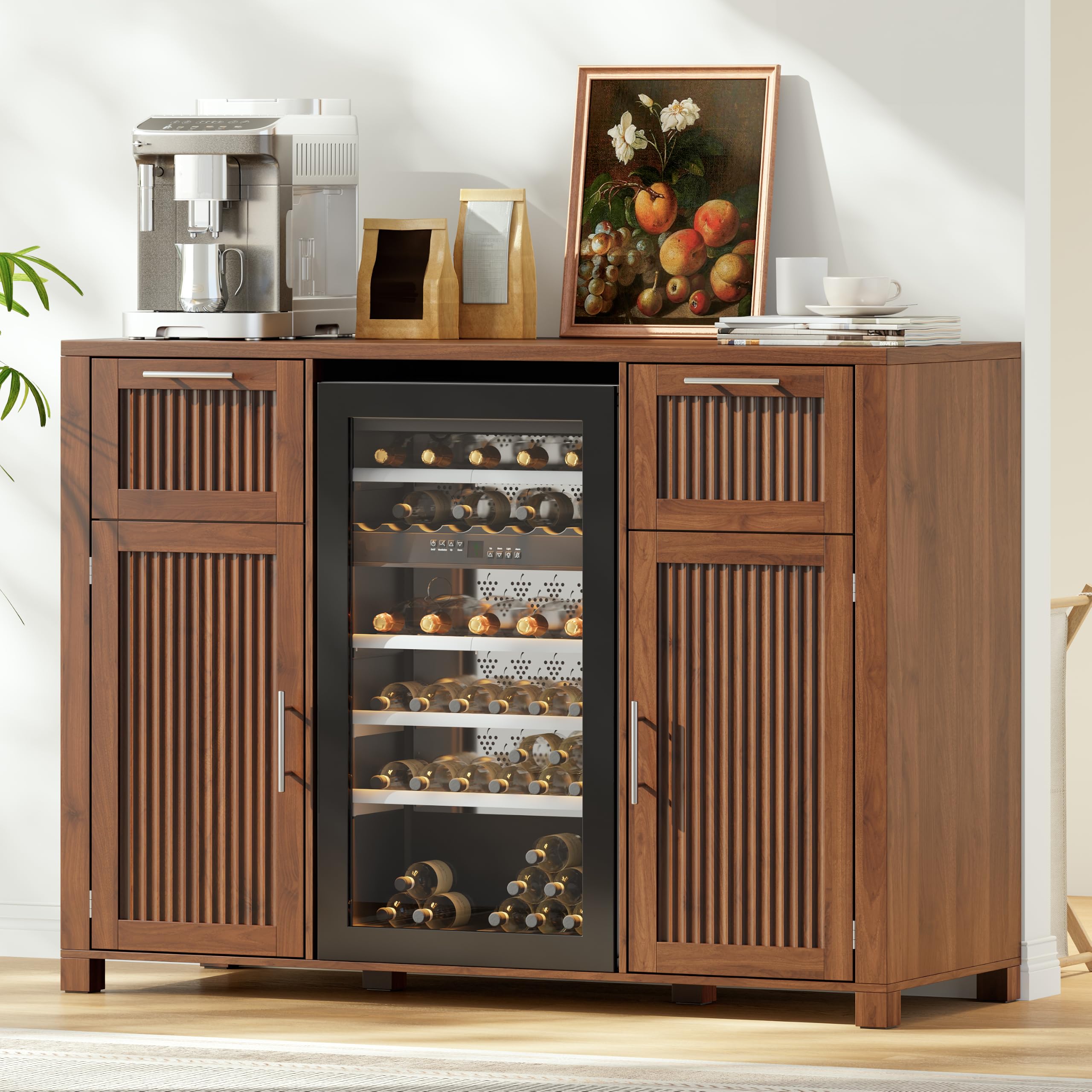 53" Long Fluted Mini Fridge Cabinet with Power Outlet &amp; 2 Drawers, Walnut