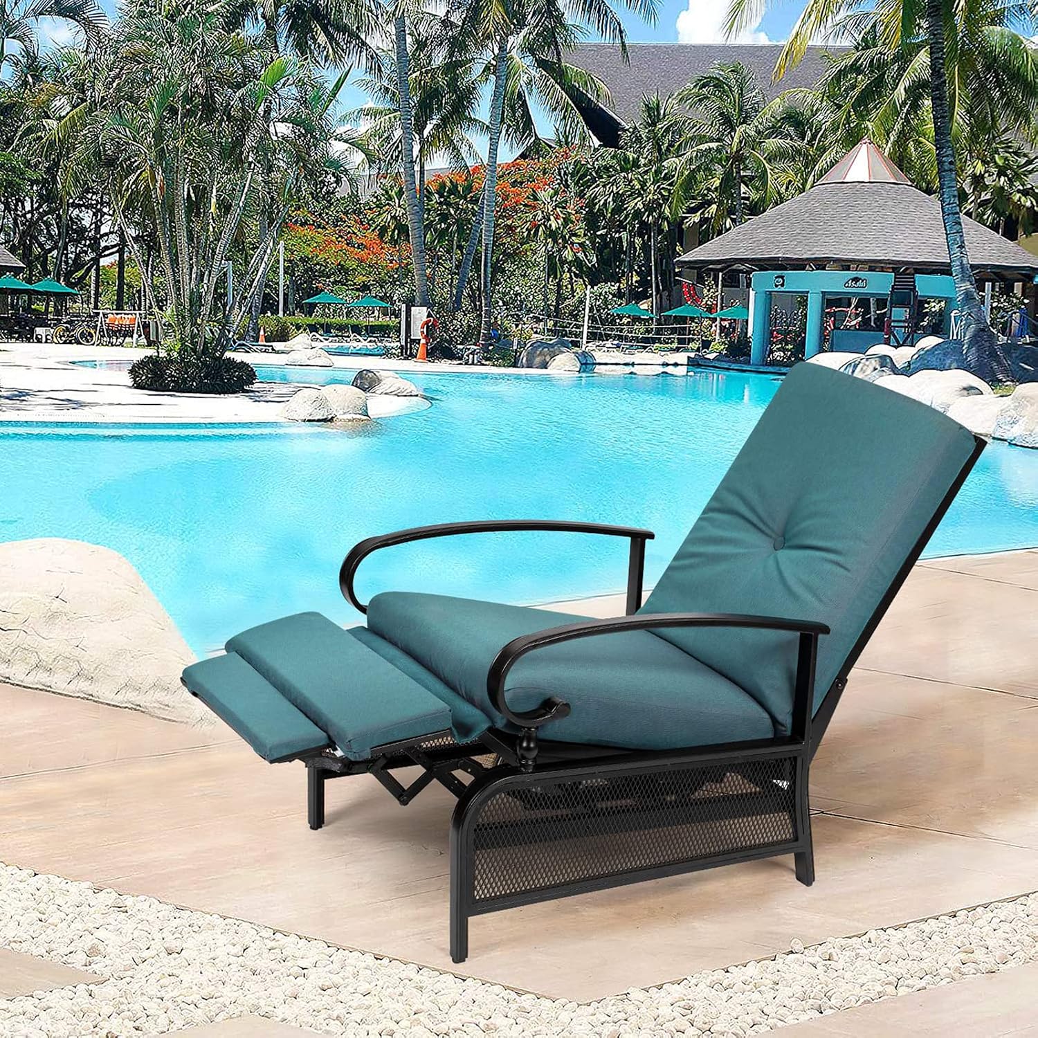 Crownland Outdoor Patio Furniture Adjustable Reclining Lounge Chair Set, Patio Black Metal Recliner with Peacock Blue Removable Cushion