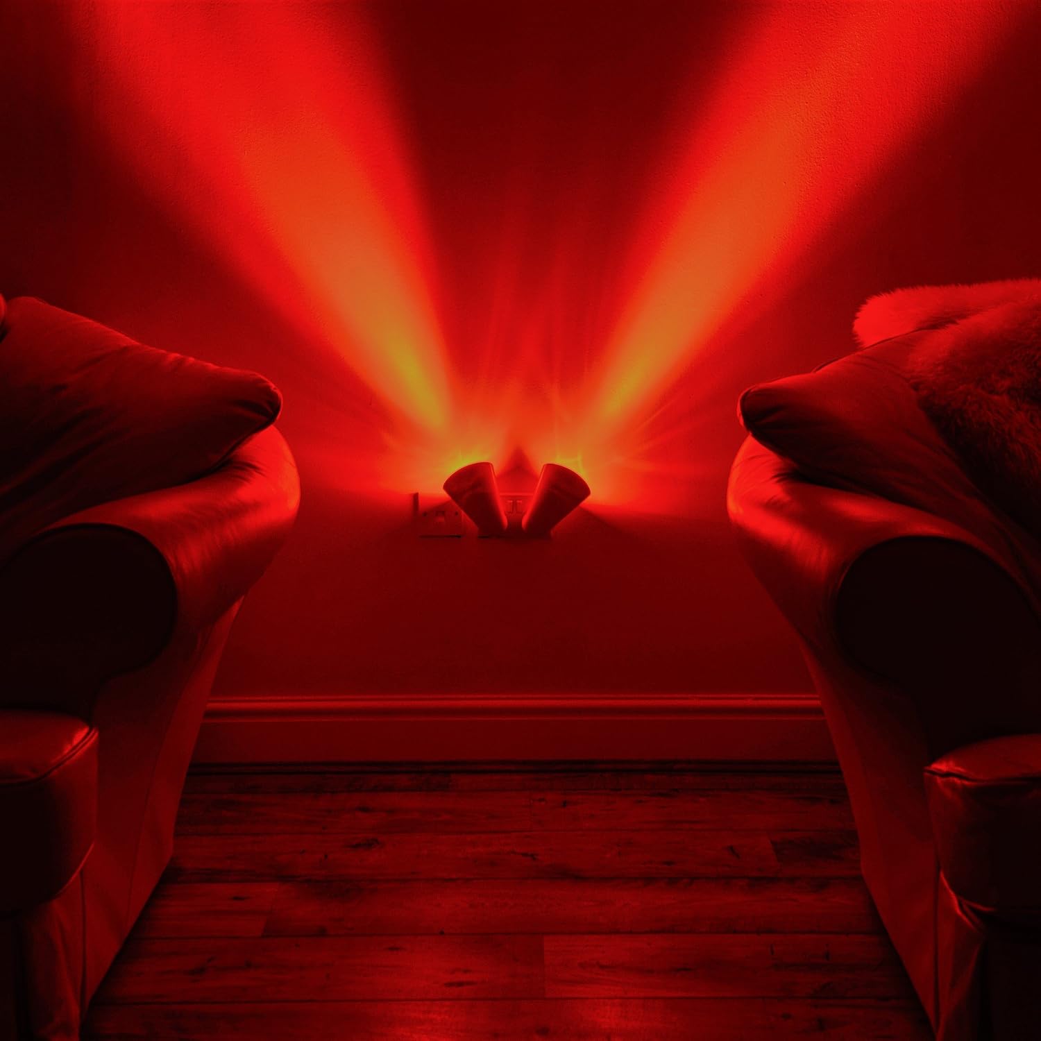 Two Auraglow Plugin GU10 Wall Spot Lights creating a red 'V' shaped light effect on a wall