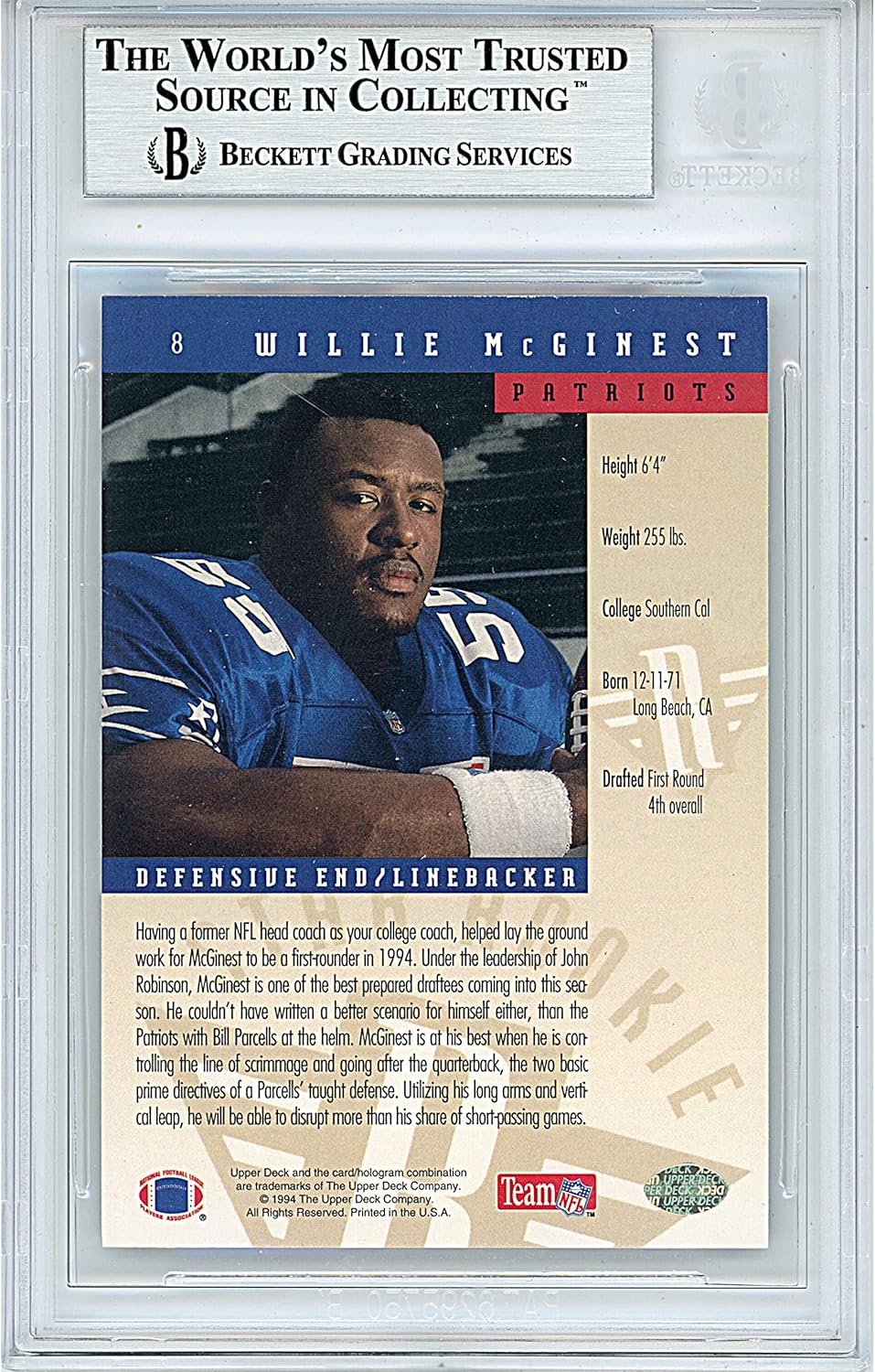Willie McGinest Autographed 1994 Upper Deck Rookie #8 Football Trading Card Slab Beckett BAS Authentic Slabbed COA Played For New England Patriots NFL