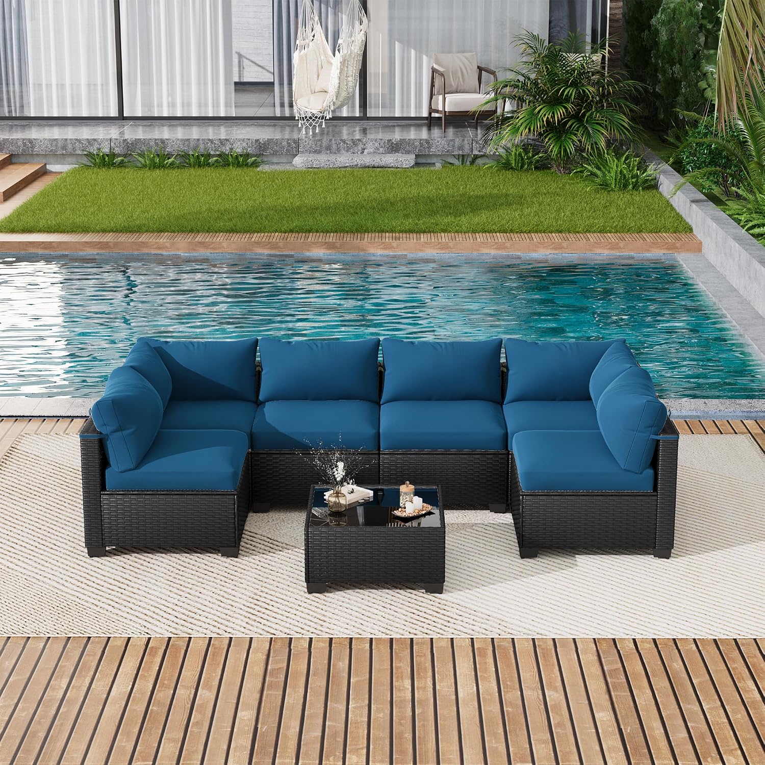 LOUVIXA 7 Piece Outdoor Patio Furniture Set, Outdoor Sectional Sofa, Wicker Rattan Patio Furniture, Patio Conversation Set with Coffee Table & Cushions