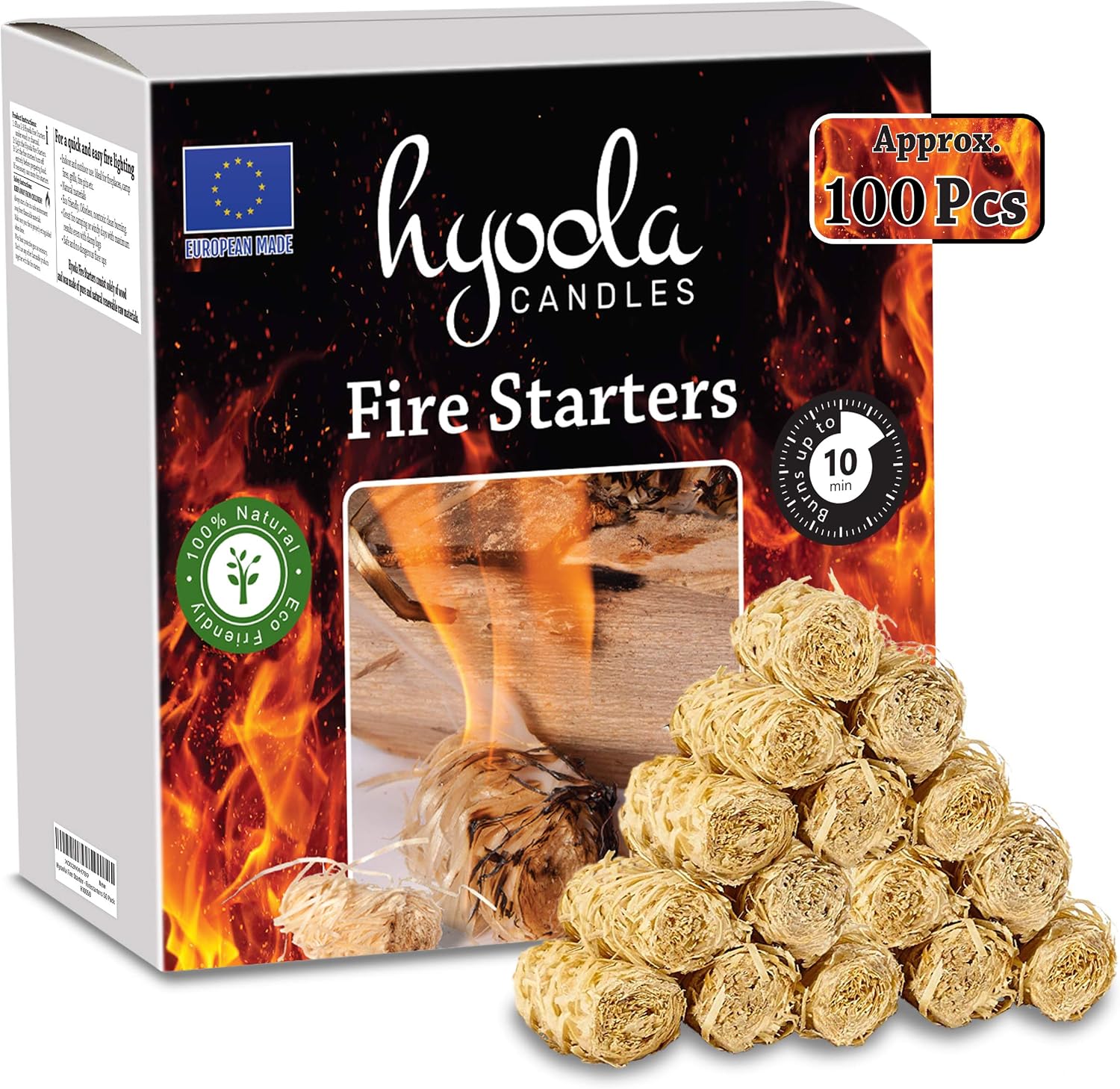 Firestarters - 100% Natural Fire Starters - Easy to Use for BBQ & Grill, Campfire, Charcoal, Fire Pit. Waterproof for Indoor/Outdoor Use - No Flare Ups - 10 Minute Burn - 100 Firelighters