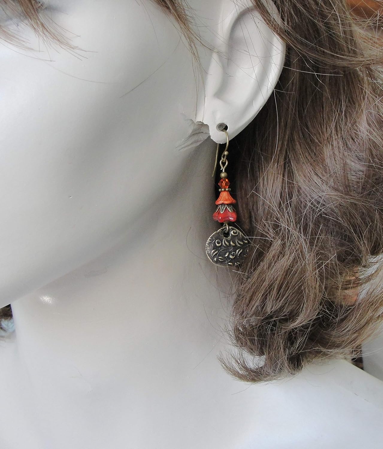 Red and Orange Flower Earrings in Antiqued Brass