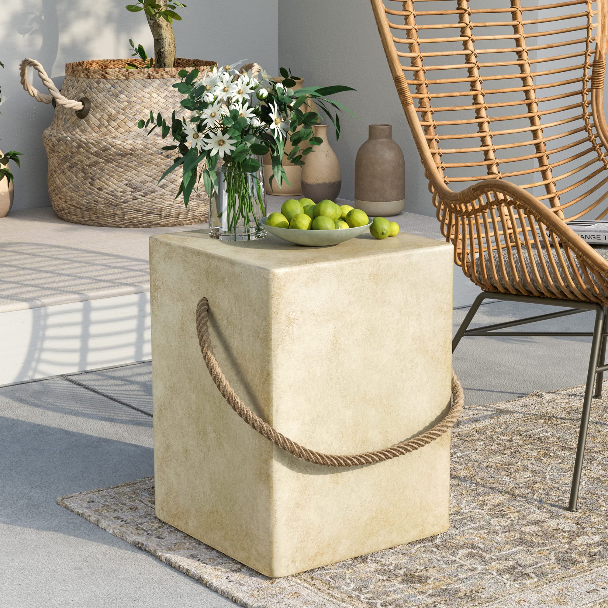 SUNBURY Outdoor Side Table, Concrete Side Table for Patio,18" H Small End Table w Hemp Rope, Indoor & Patio Accent Table Coffee Table Warm Gray, Stone
