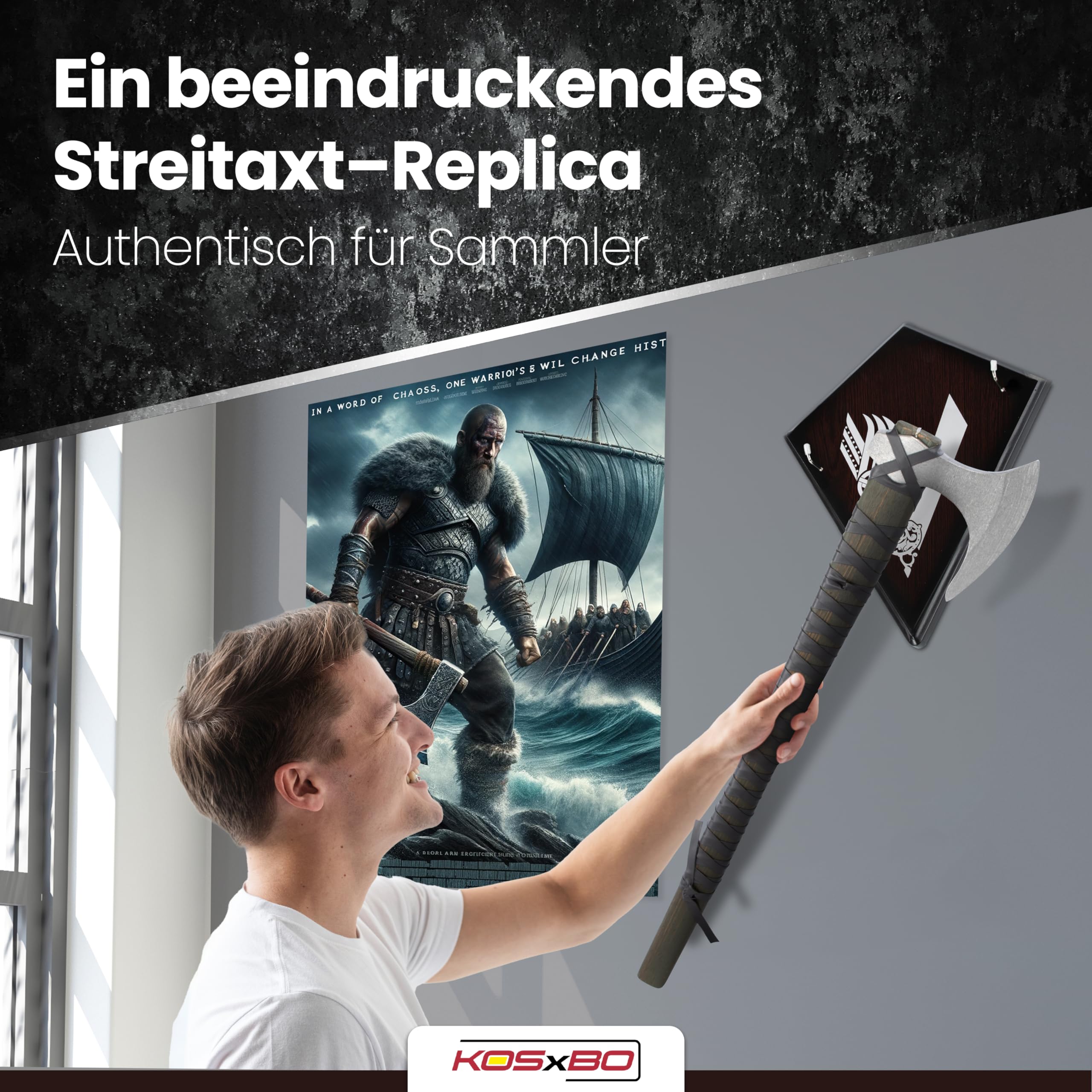 Wikinger Axt - Ragnar Lothbroks Kriegsaxt - Kampfaxt Vikinger - Streitaxt Metall - 63 cm Deko Wikinger Kampfaxt mit Schild aus Holz