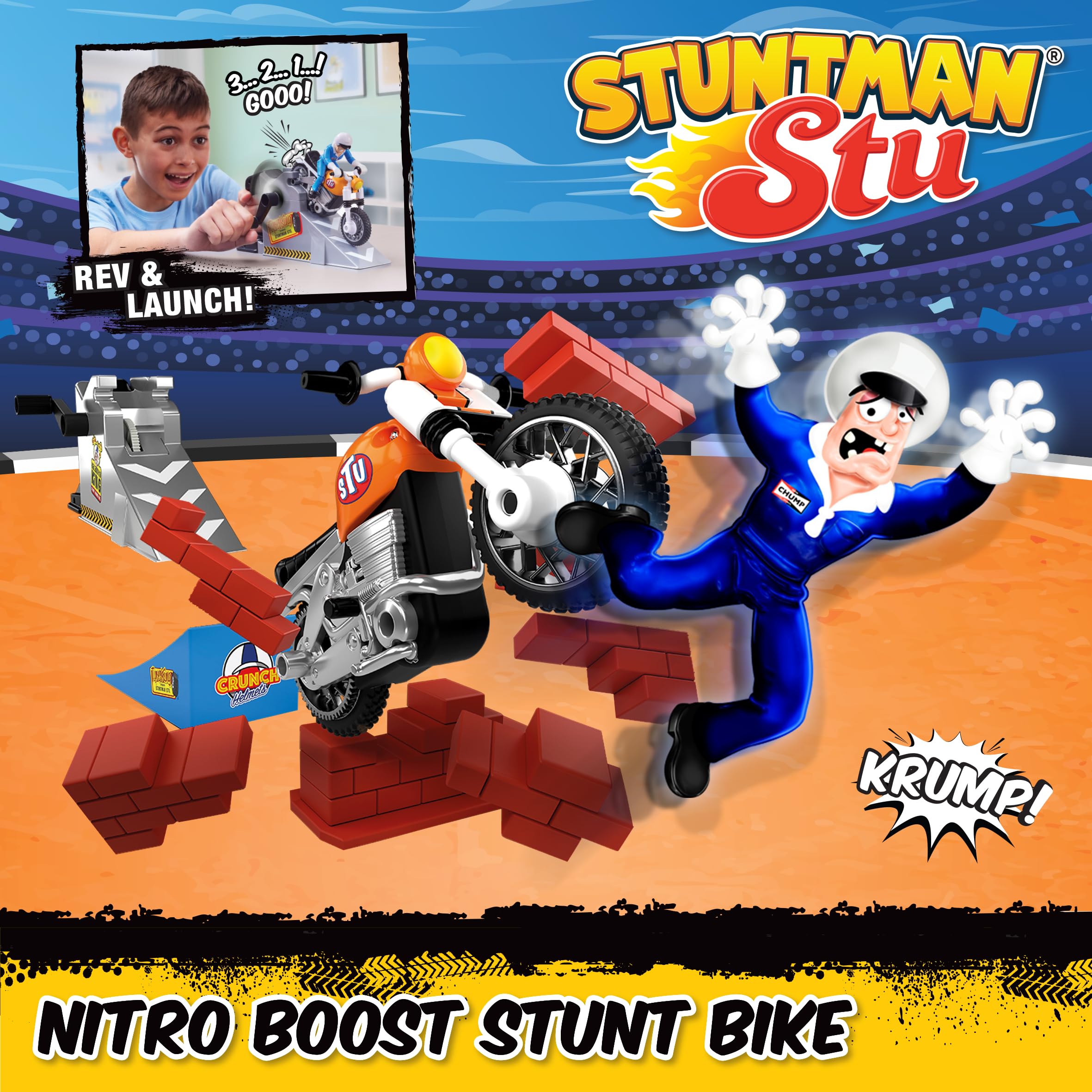 BANDAI - Stuntman Stu - Moto Nitro Boost - Jouet pour réaliser des Cascades - Figurine Cascadeur Inclus - Jeu de Crash avec véhicule et Accessoires - Jouet Enfant 4 Ans et + - COSS8201