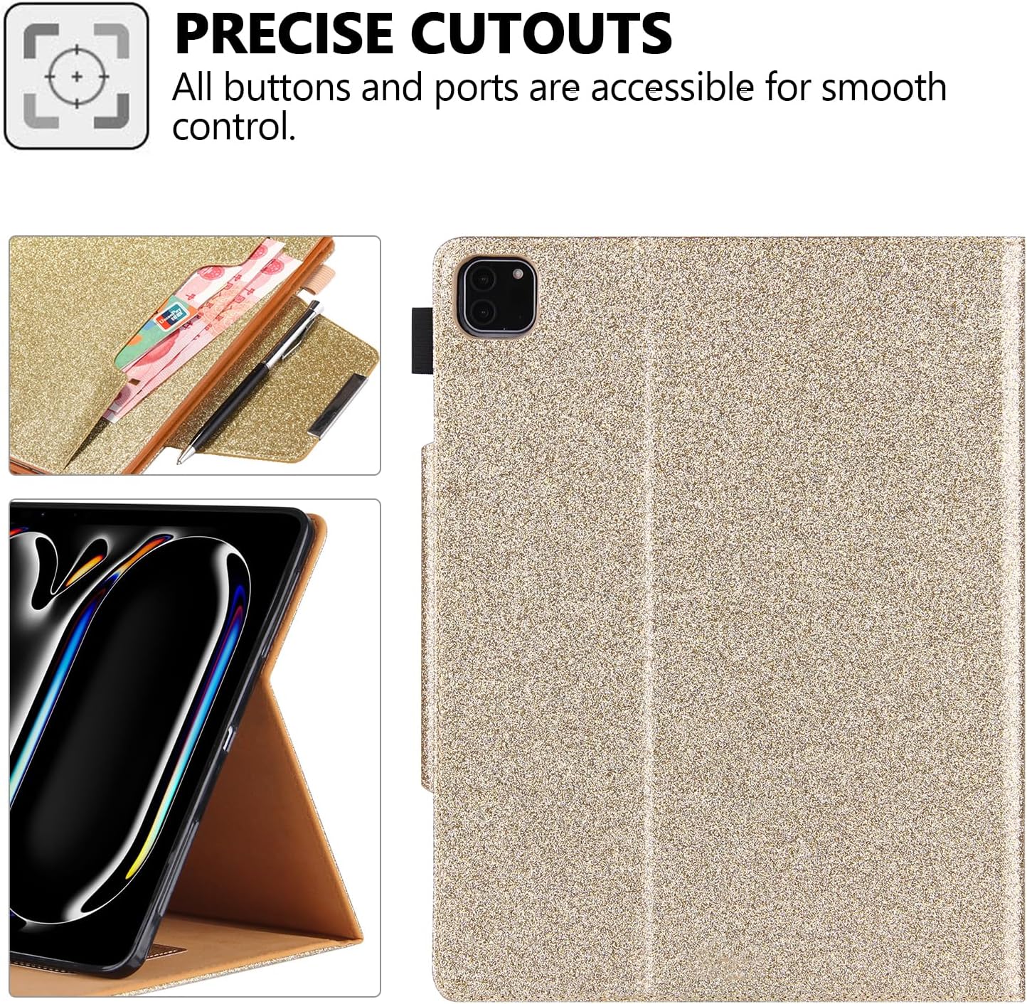Glitter Case for iPad Pro 13-inch (M4) 2024 7th Generation, Techcircle Folio Stand Smooth Bling PU Leather Soft TPU Back Smart Cover with Pencil Holder & Card Pocket, Auto Sleep/Wake, Shiny Gold
