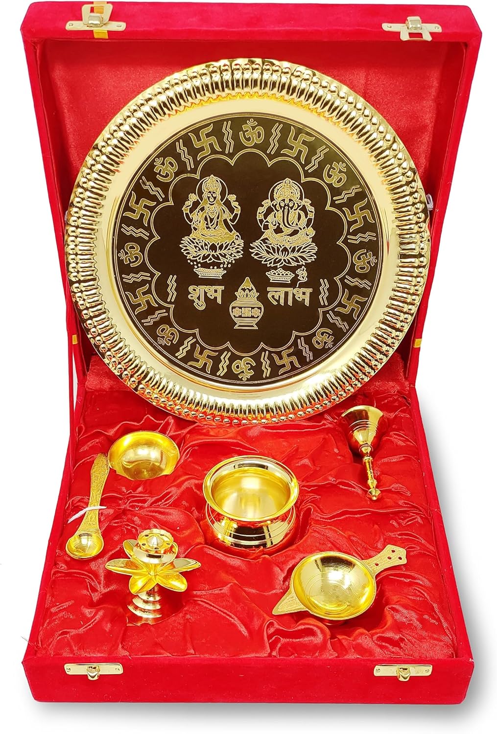 Pooja Thali Set Gold Plated with Red Gift Box Designed 22 cm Puja Plate Kalash Bowl Ghanti Spoon Dhup Dan Diya for Home Office Diwali Wedding Return Gift Items