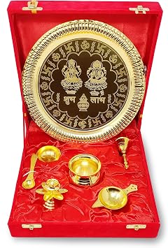 Pooja Items Gold Puja Thali Set with Red Gift Box Designed 22 cm Puja Plate Kalash Bowl Ghanti Spoon Dhup Dan Diya for Home Office Diwali Wedding Return Gift Items