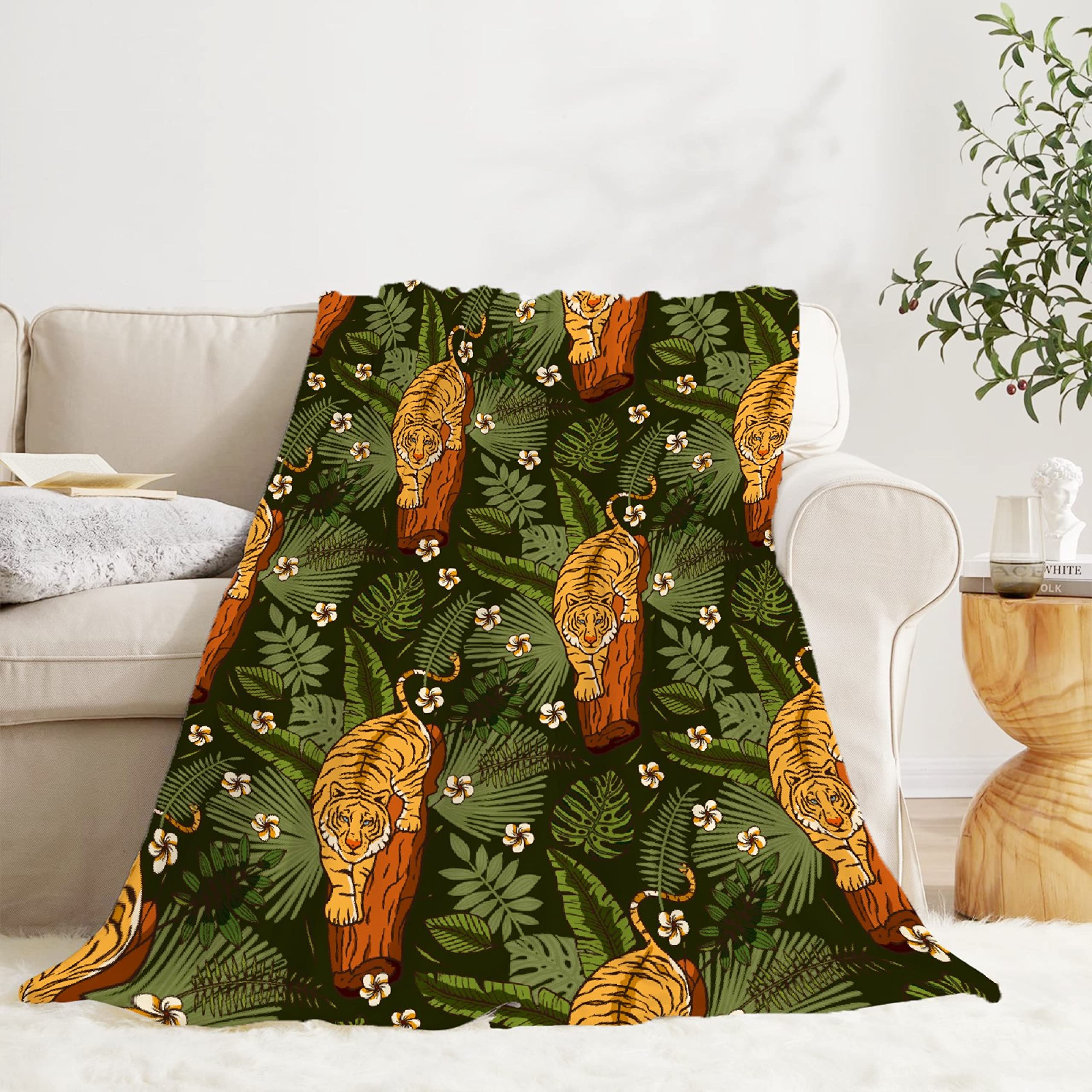 Forest Tiger Throw Blanket, Tropic Leaves Christmas Blanket Gift, Ultral Soft Cozy Warm Flannel Fleece Blanket for Animal Lover Suit for Sofa, Couch, Bed, Travel 60