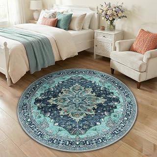 RELEANY Washable Area Rug, Round 4ft, Teal