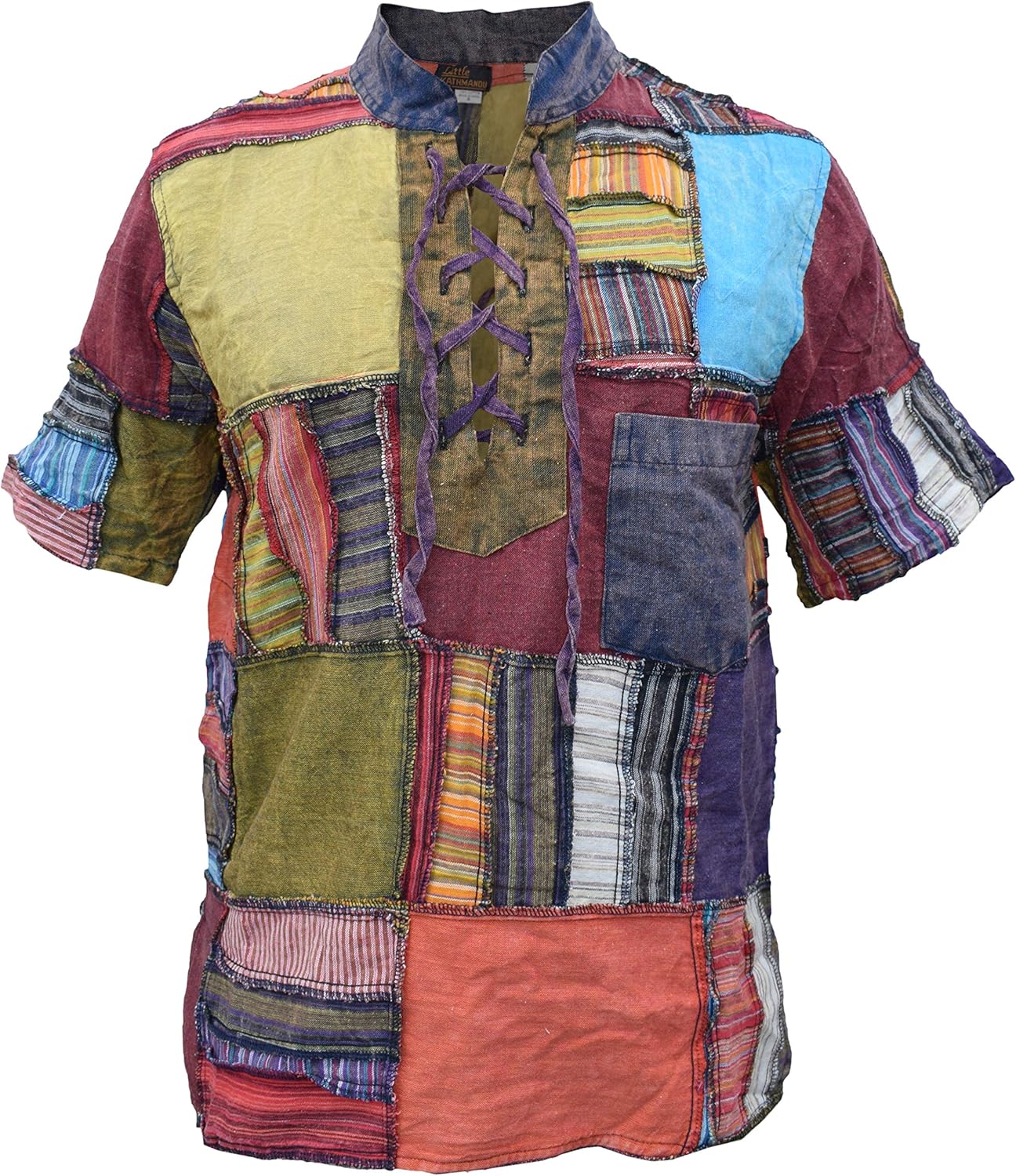 Overlock Patchwork Colorful Distressed Festival Hippy Lace Up Grandad Collar Short Sleeve T-Shirt