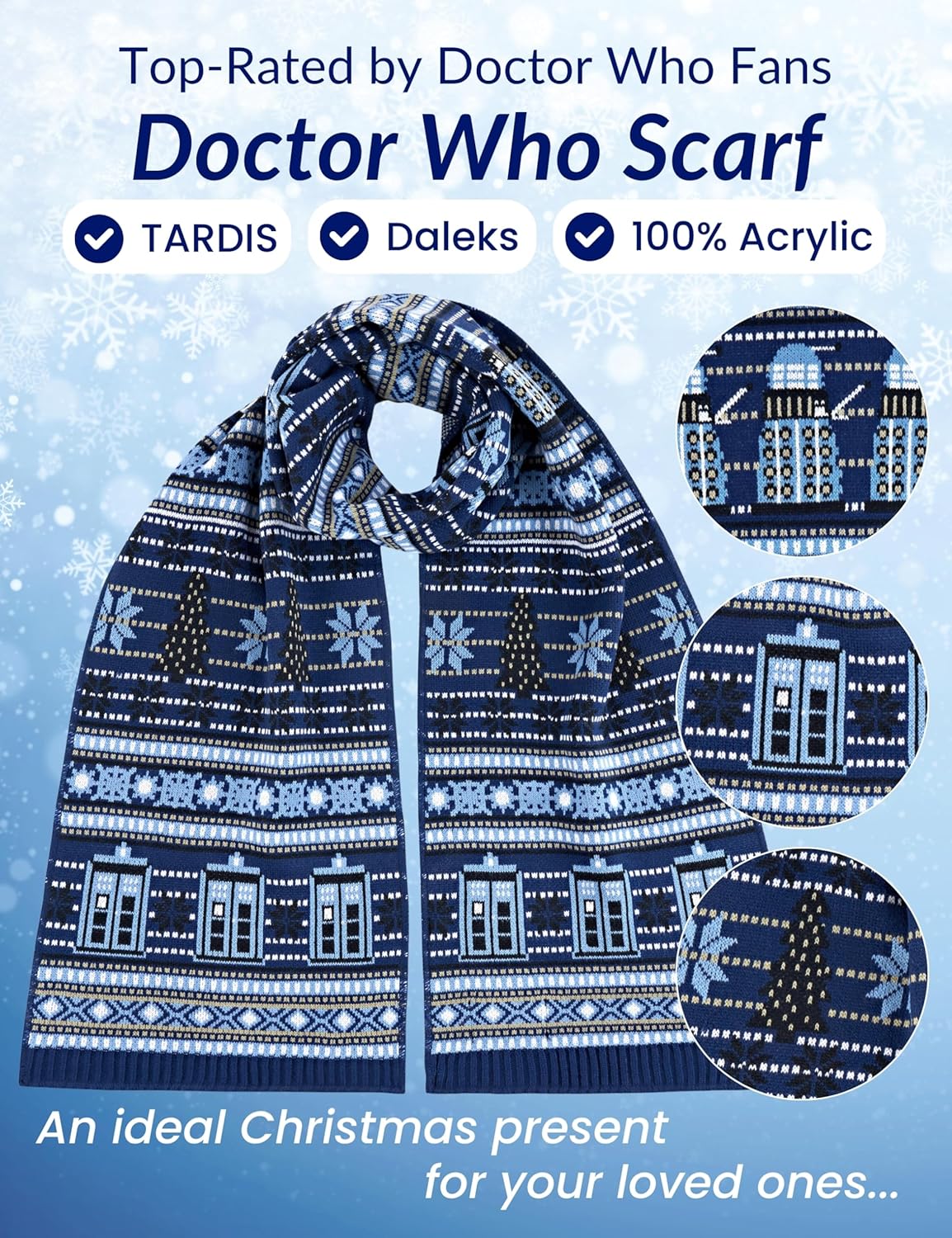 Doctor Who Christmas Scarf - Official Merchandise - TARDIS and Dalek with Chrismtas Trees - Image 5