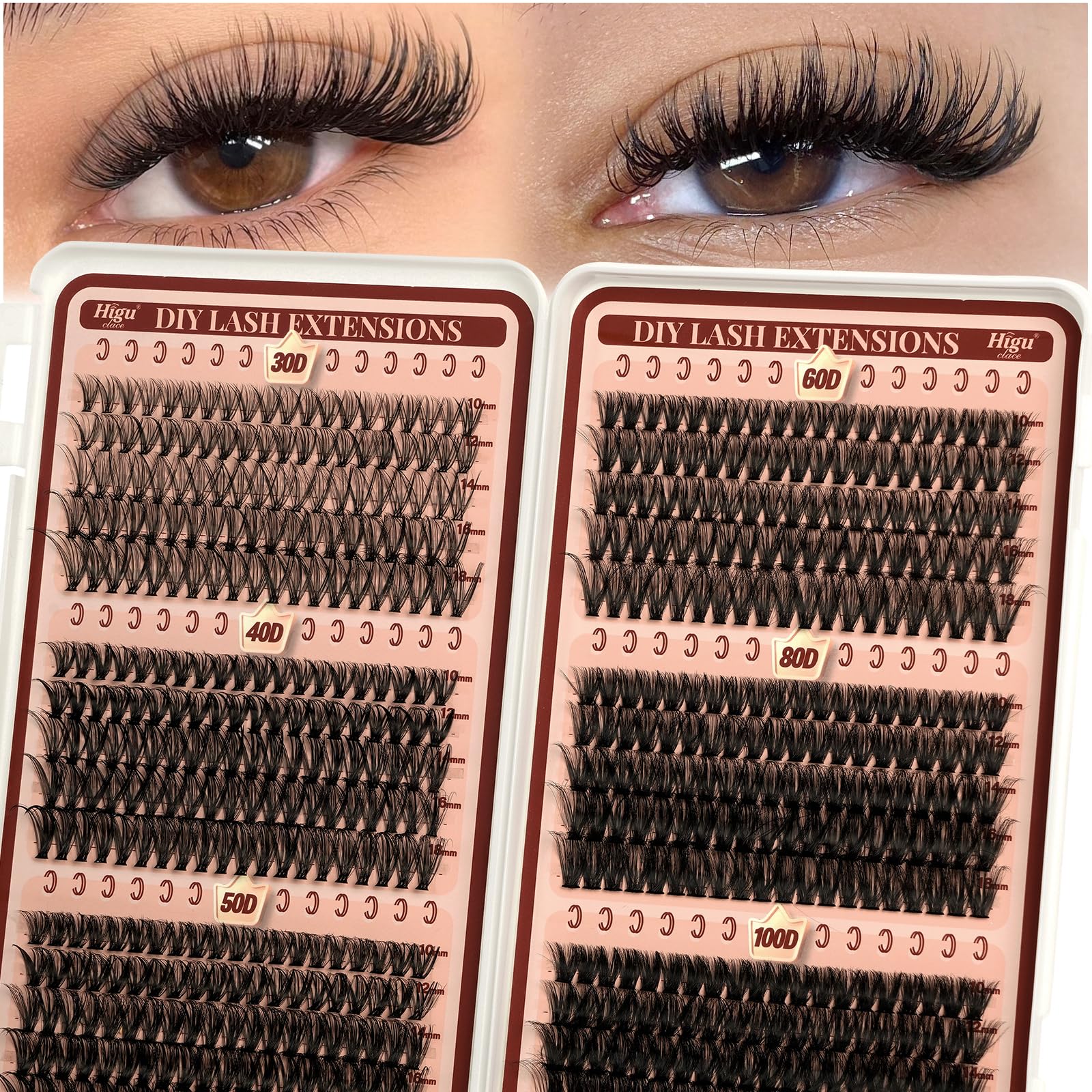 Higu clace Lash Clusters 600pcs 30D 40D 50D 60D 80D 100D Eyelash Clusters 6 Styles Mixed 10-18MM Wispy