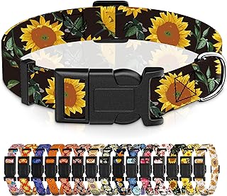 Seyezo Dog Collar, Sunflower Puppy Collar for Boys Girls Black Sunflower, L | For Small Medium Large Dogs, Adjustable Soft Floral, Safety Buckle, For Male Females, Tear-resistant, Metal D-ring