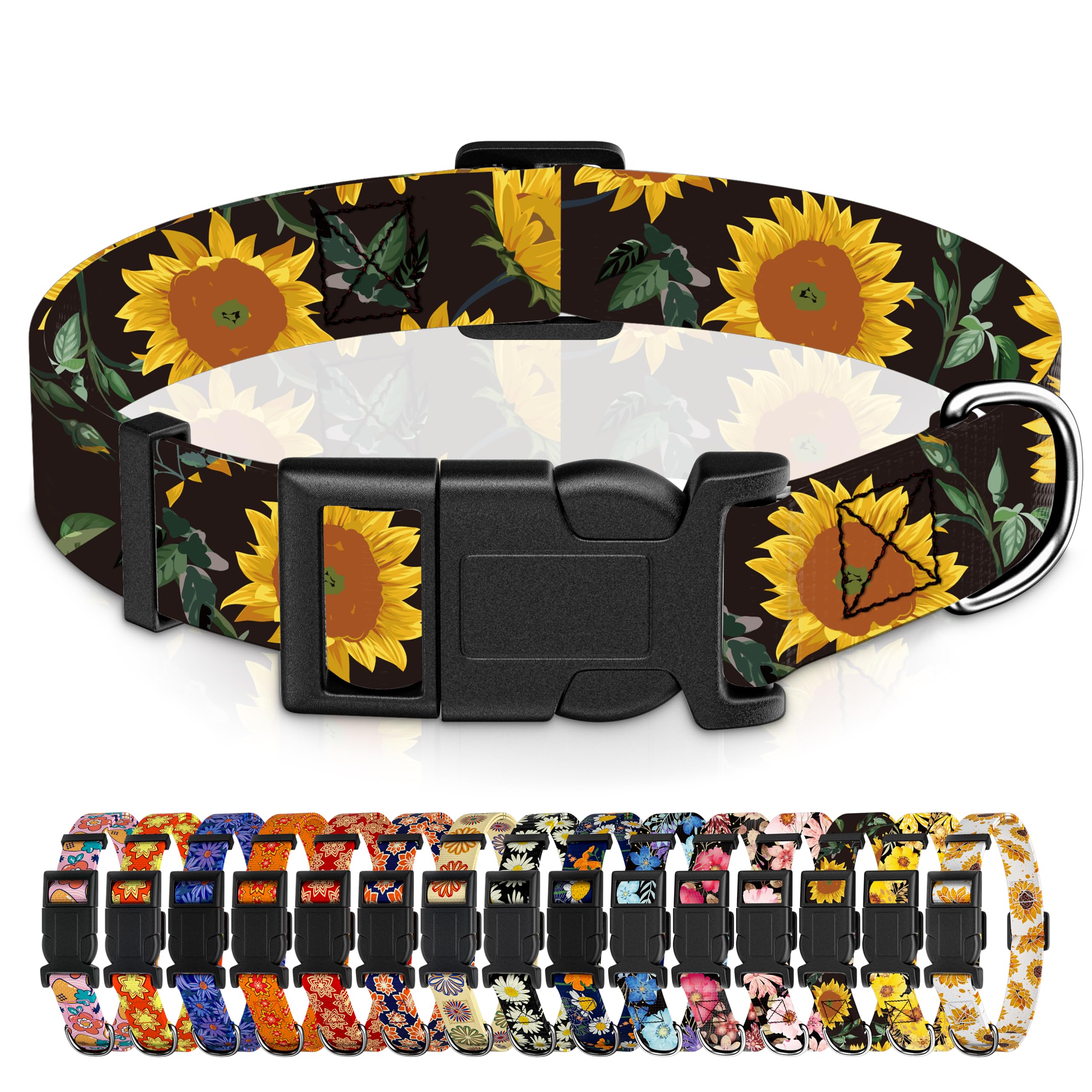 Seyezo Collare per cani ragazzi e ragazze, Collare per cuccioli di taglia piccola, media e grande, regolabile, morbido motivo floreale con fibbia di sicurezza, unisex, motivo girasole nero, M