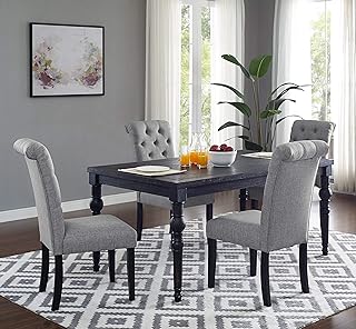 espidoo Dark Wash Dining Table Set: Retro Industrial Style Solid Wood & Gray Upholstered Chairs - Boutique B&B Breakfast Area Commercial Use for Vacation Rentals & Small Apartments