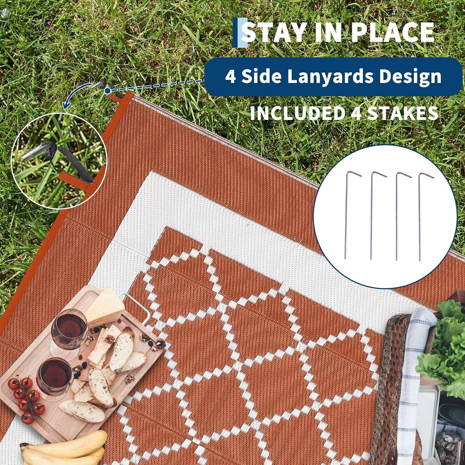Garvee Patio Rugs Outdoor 9x12 Plastic Straw Rug Modern Trellis Reversible Camping Carpet, Waterproof Outdoor Mat with 4 Stakes and Storage Bag for RV, Picnic, Backyard, Deck, Balcony, Porch, Beach