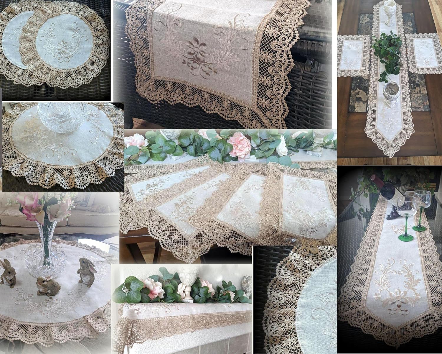 Galleria di Giovanni Lace Embroidered Dresser Scarf Mantel Shelf Table Runner Natural Beige Neutral 66 inch x 13 inch Doily