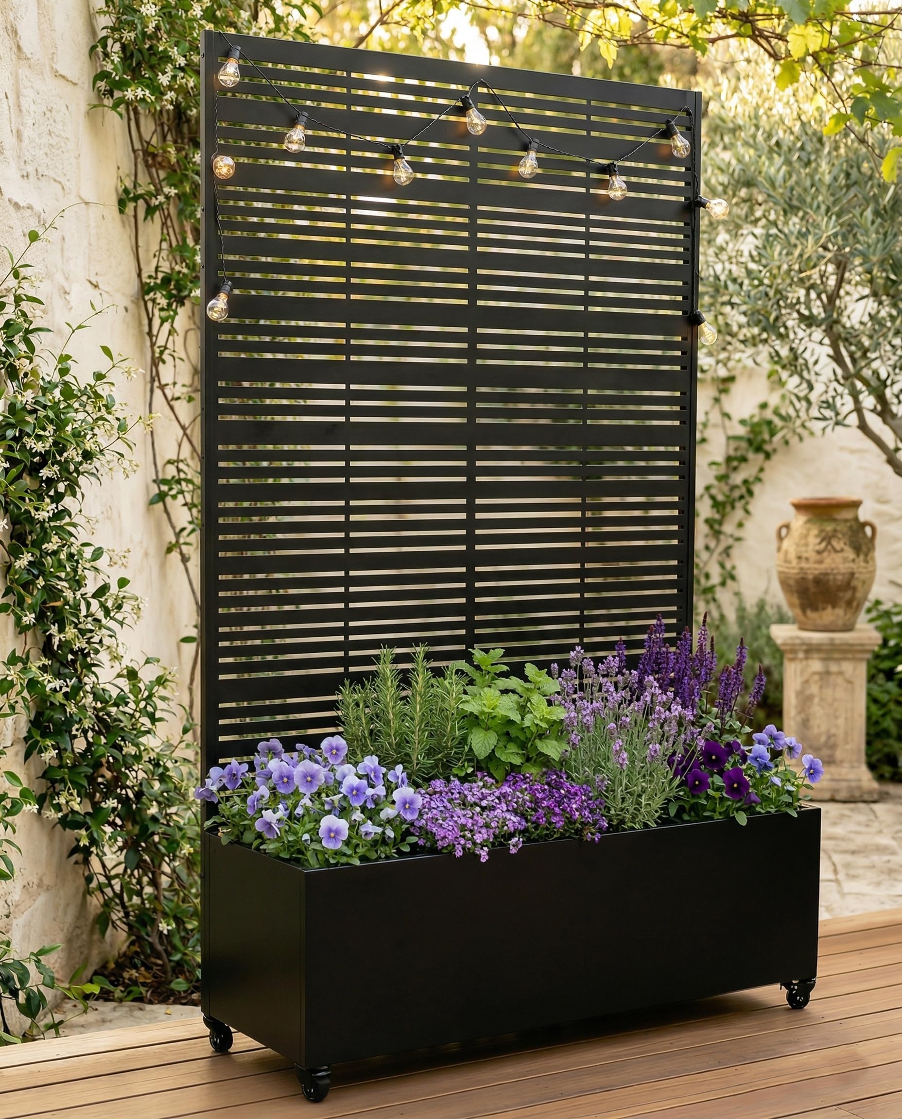 Hochbeet Metall 119 x 41 x 185 cm, Gartenbeet mit Sichtschutz Pflanzkasten Pflanzkübel 33cm tief, Gemüsebeet mit Rankgitter und Rollen ideal für den Garten | für Gemüse, Kräuter & Blumen