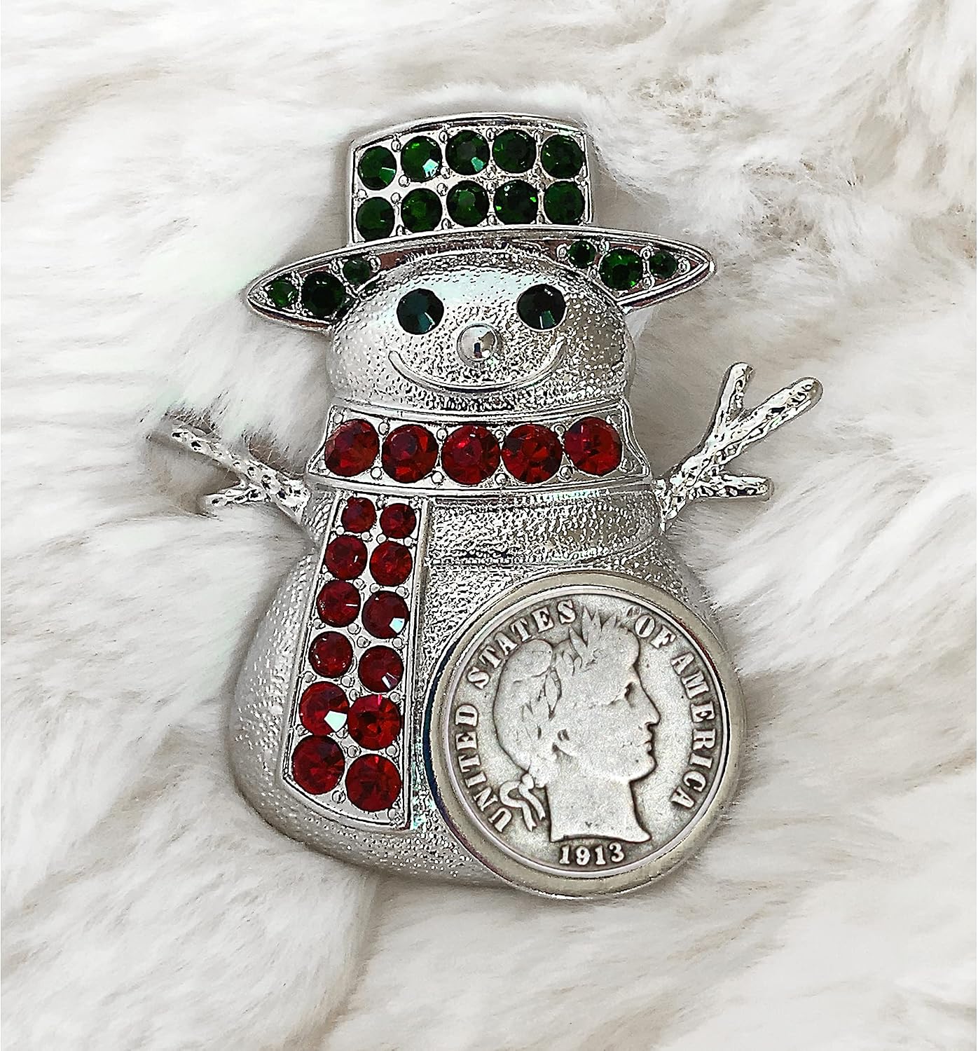 American Coin Treasures Coin Holiday Snowman Silvertone Brooch | Barber Dime | Pin Safety Closure | Certificate of Authenticity