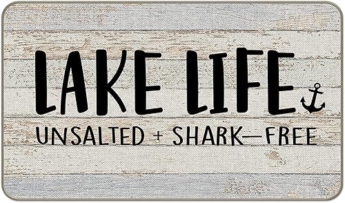 Lake Life Anchor Unsal + Shark - Tapete náutico para puerta de entrada de 18 x 30 pulgadas, decoración náutica para casa de lago, puerta delantera,