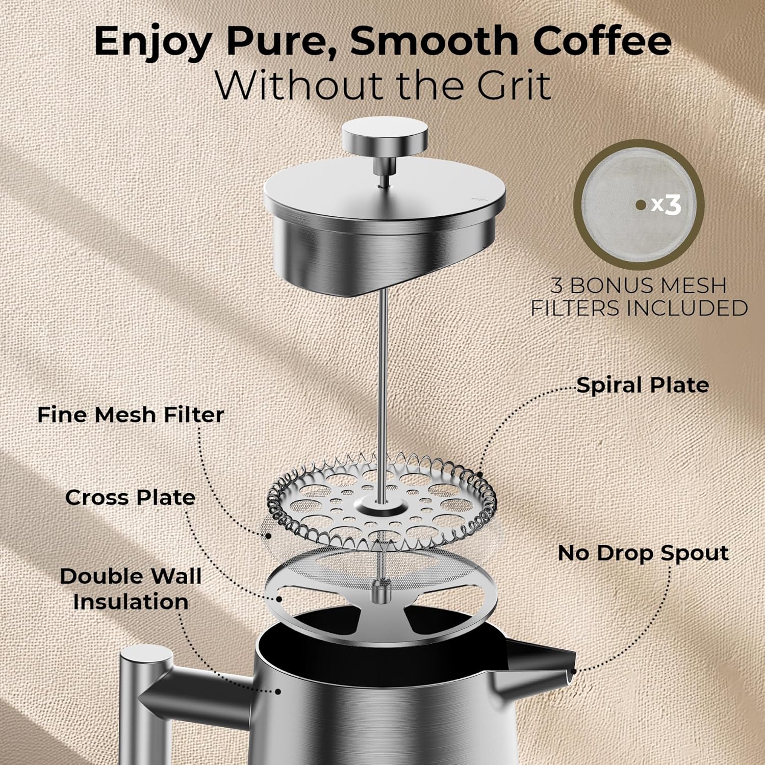 French Press Coffee Maker, Stainless Steel French Press, 34 Oz / 1L, Large Insulated Double Wall Coffee Maker with 3 Extra Mesh Filters, Satin Finish, Silver