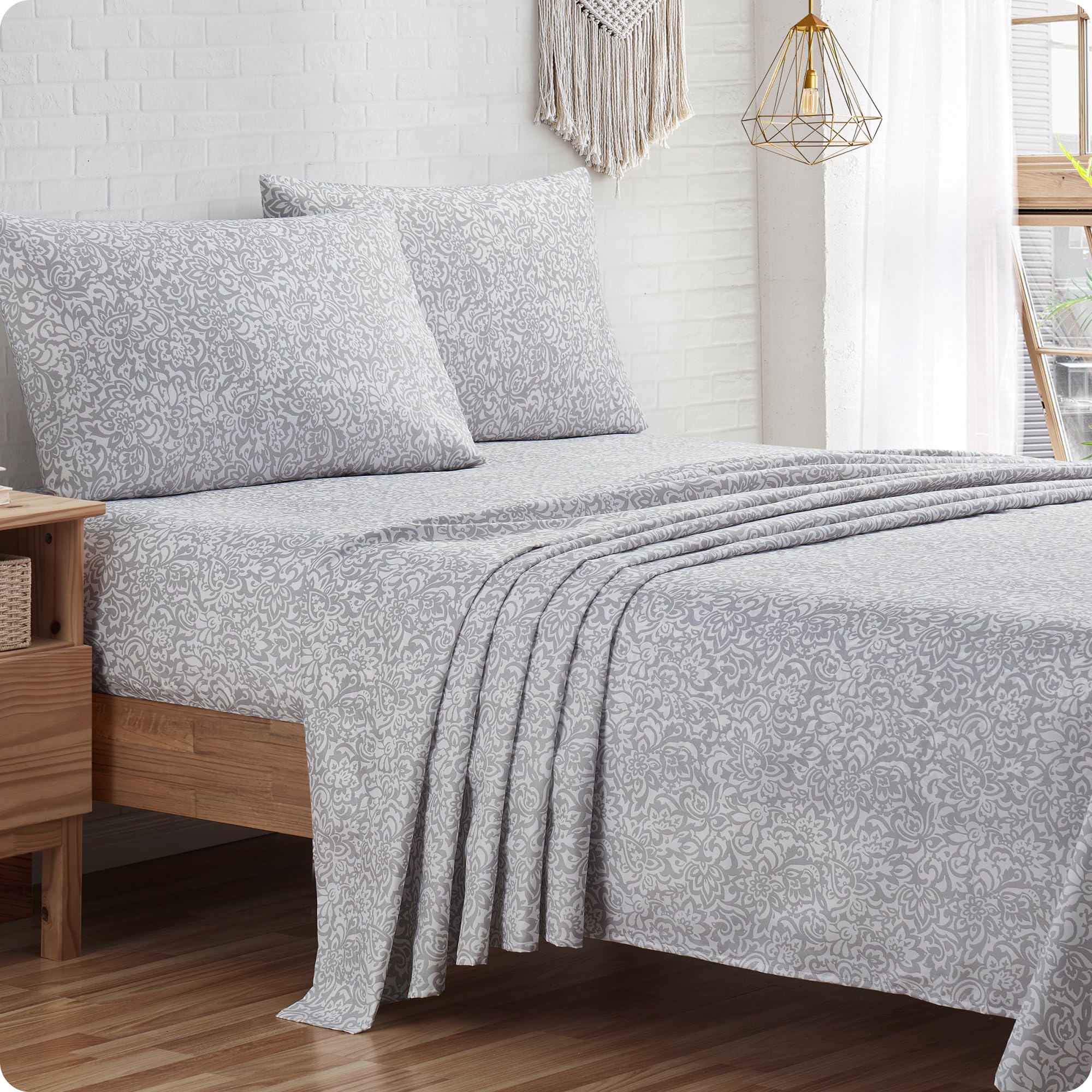 Indigo Ink | Tufted Medallion Collection | Gray Floral Damask Printed Sheet Set, Full, 4 Pieces
