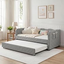 Twin Size Gingham Daybed with Trundle and Storage Pockets-Black
