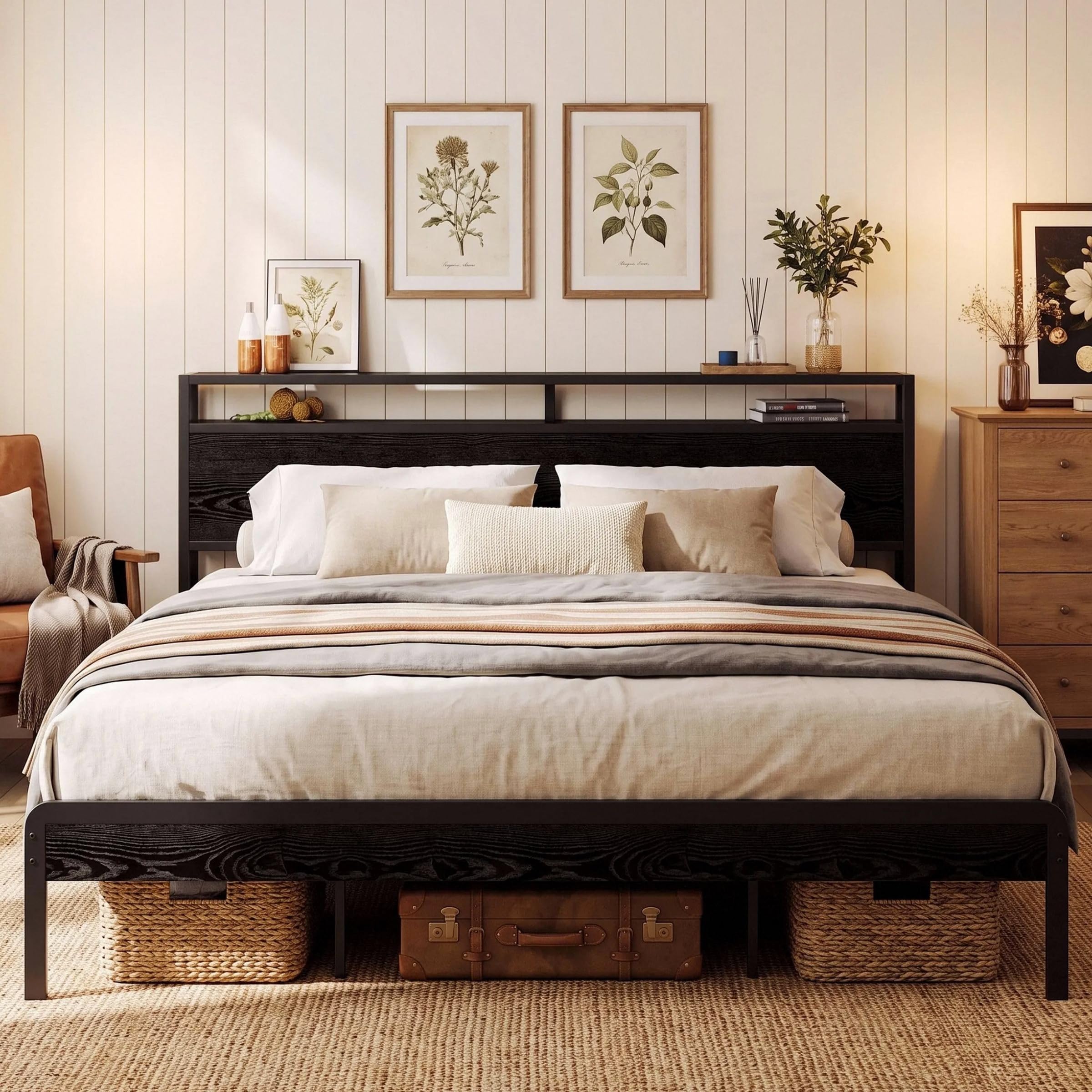 LIKIMIO California King Bed Frames with 2-Tier Storage Shelf Headboard