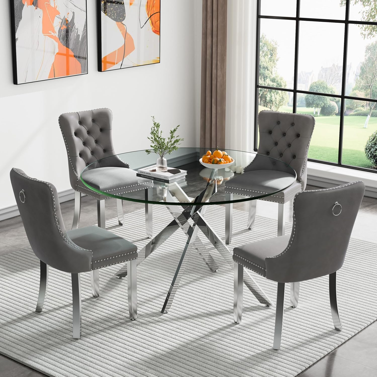 Henf 5 Piece Round Dining Table Set with 4 Chair, 47'' Round Glass Dining Room Table Set for 4, X-Shape Silver Metal Legs, Glass Kitchen Table and Chair Set for 4, Circular Dinner Desk for Kitchen