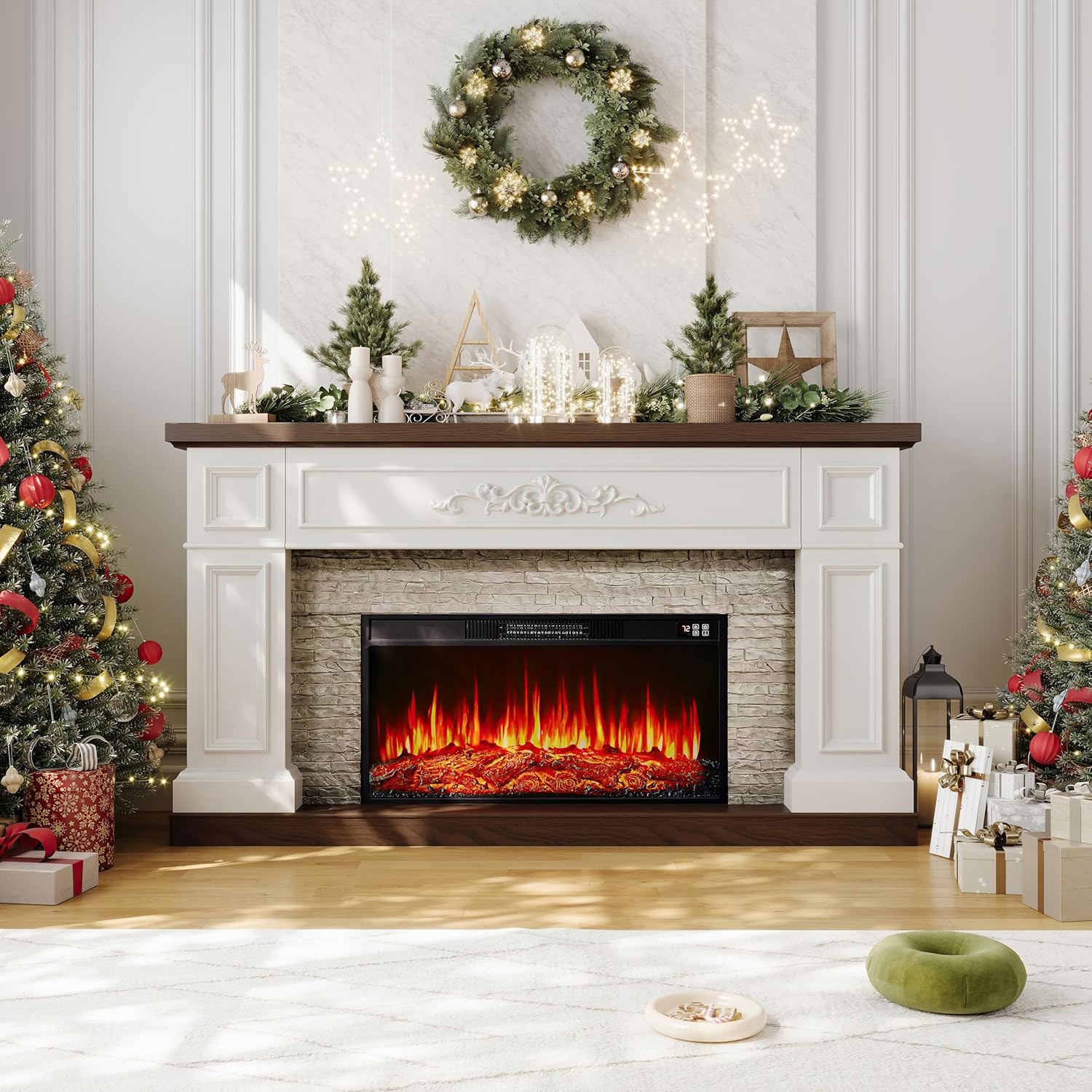 60" Fireplace with Mantel, Solid Wood White TV Stand with Fireplace for, Modern Entertainment Center TV Stand, Replaceable 30" Fireplace Insert Heater, for Living Room, Bedroom