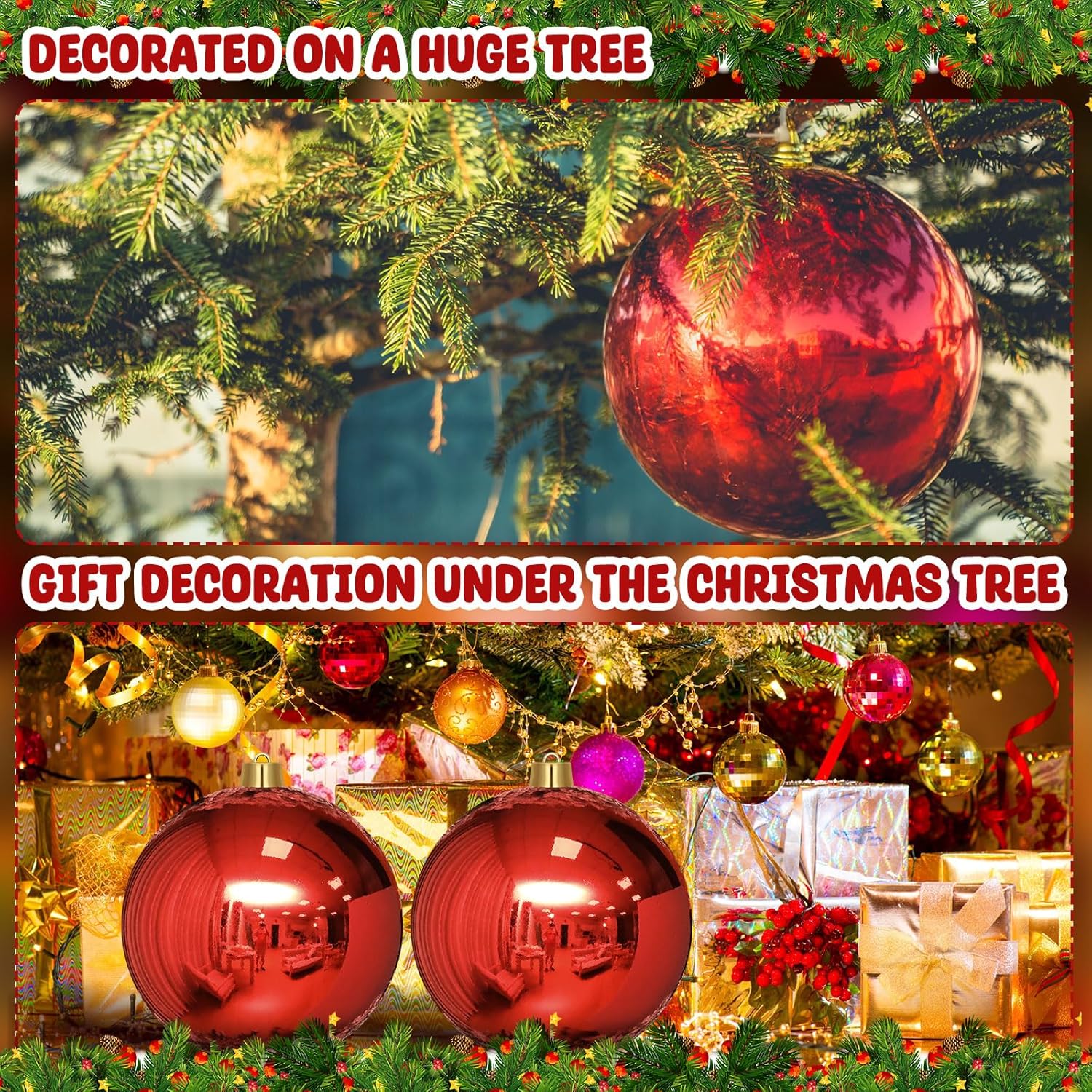 Jerify 2 Pcs 12" Large Christmas Ball Ornaments Giant Shiny Plastic Christmas Ball Outdoor Shatterproof Water Resistant Ball Decorations for Holiday Party Xmas Tree(Red)