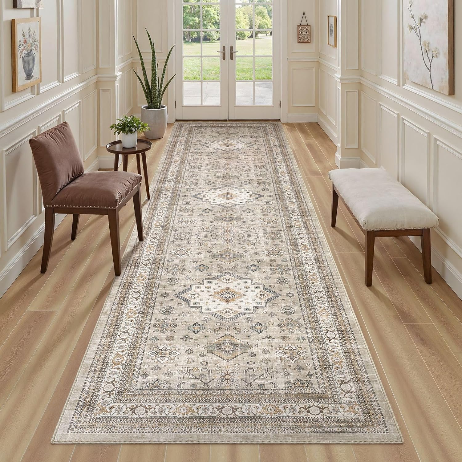 Vintage Hallway Runner Rug 3x12: Large Soft Washable Entryway for Kitchen Laundry Room Non-Slip Backing Runner for Entrance Living Room Bedroom Bathroom - Beige