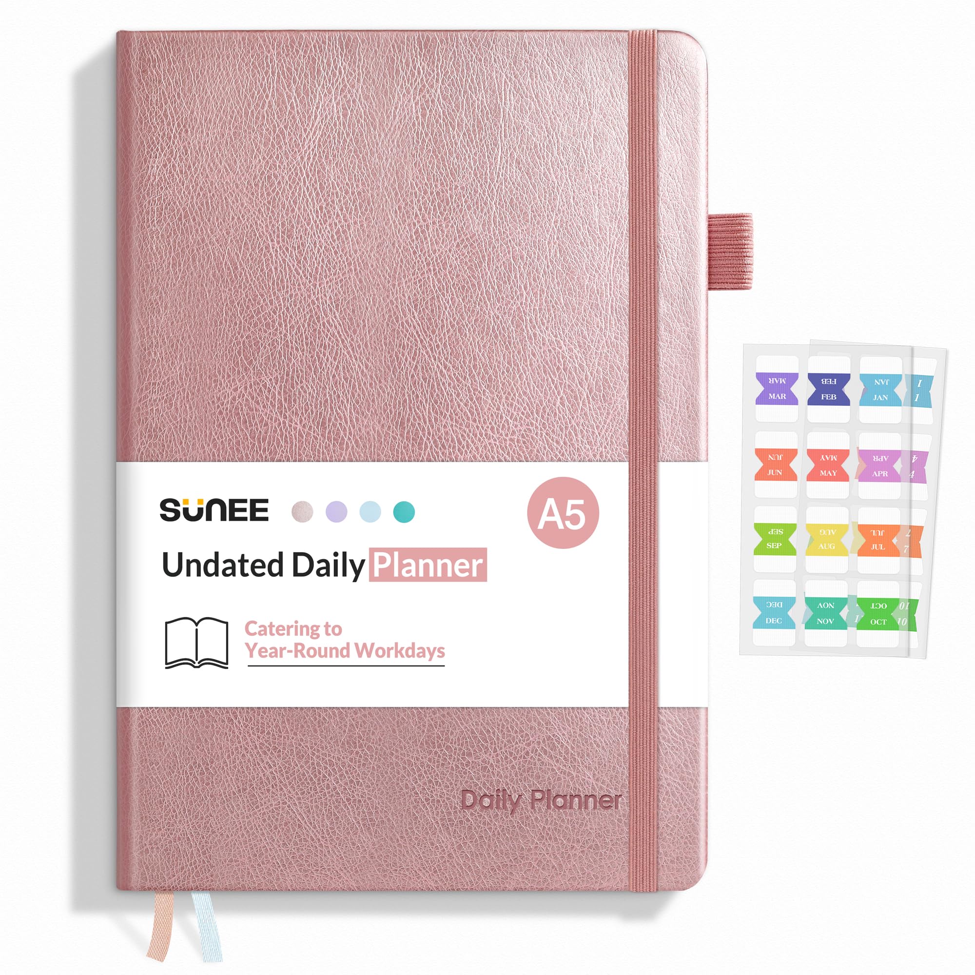 SUNEE Undated Daily Planner with Hourly Schedule, To-Do List, Notes for All-Year-Round Workdays, 5.5"x8.3" Hardcover Daily Monthly & Yearly Agenda with Sticky Tabs, Pocket, 288 pages (Rose Gold, A5)