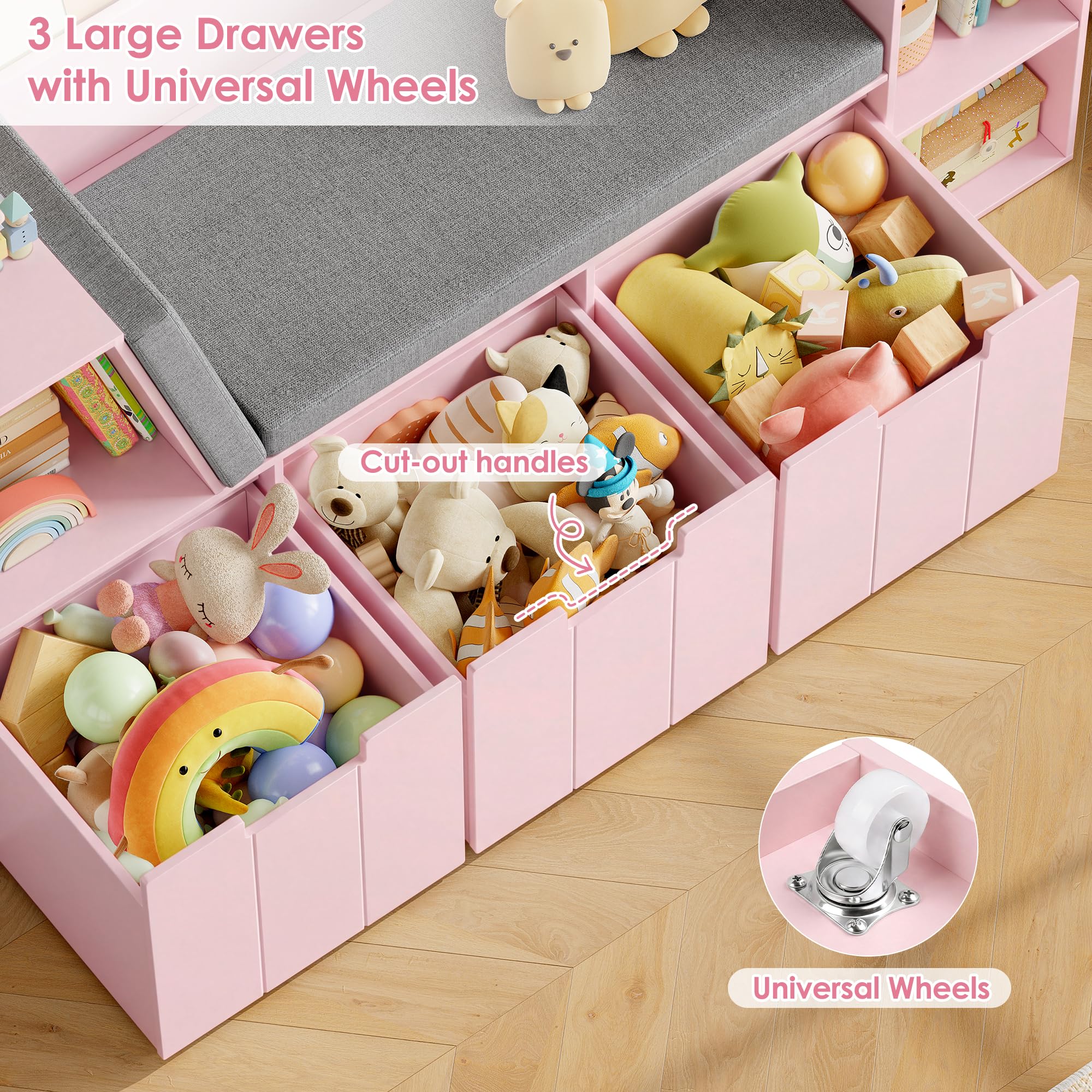 HOCSOK Bibliothèque Enfant, 156 cm Étagère pour Enfants avec Bibliothèque Banc, Meuble Rangement Jouet avec 3 Tiroirs Roulants, Rose, 80×38×156 cm