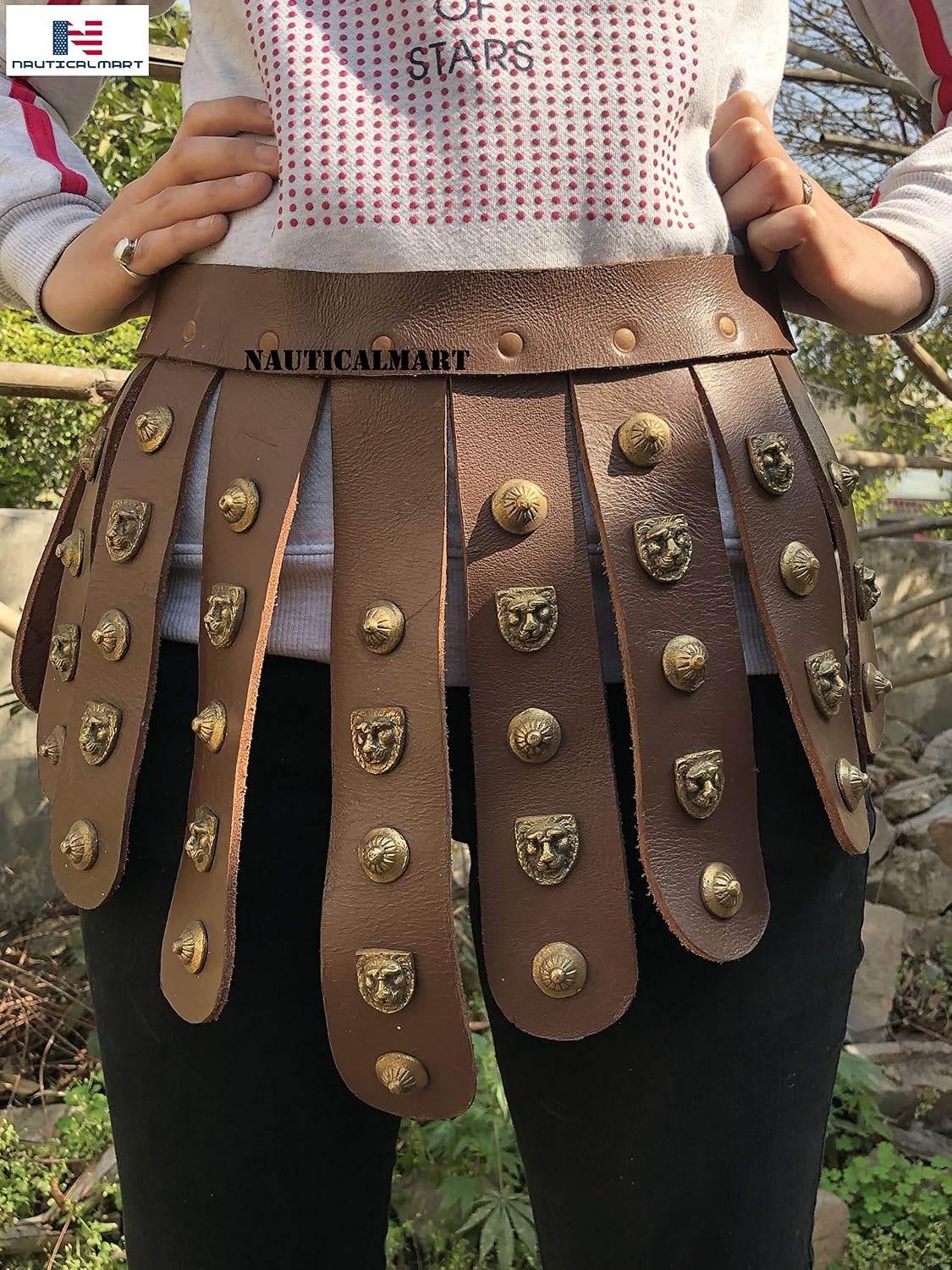 NauticalMart Medieval LARP Brown Leather TASSETS Belt - Halloween Armor Costume - Roman Soldier Belt - Greek Apron Belt adorned w/brass fittings Viking Soldier Halloween Cosplay Costume