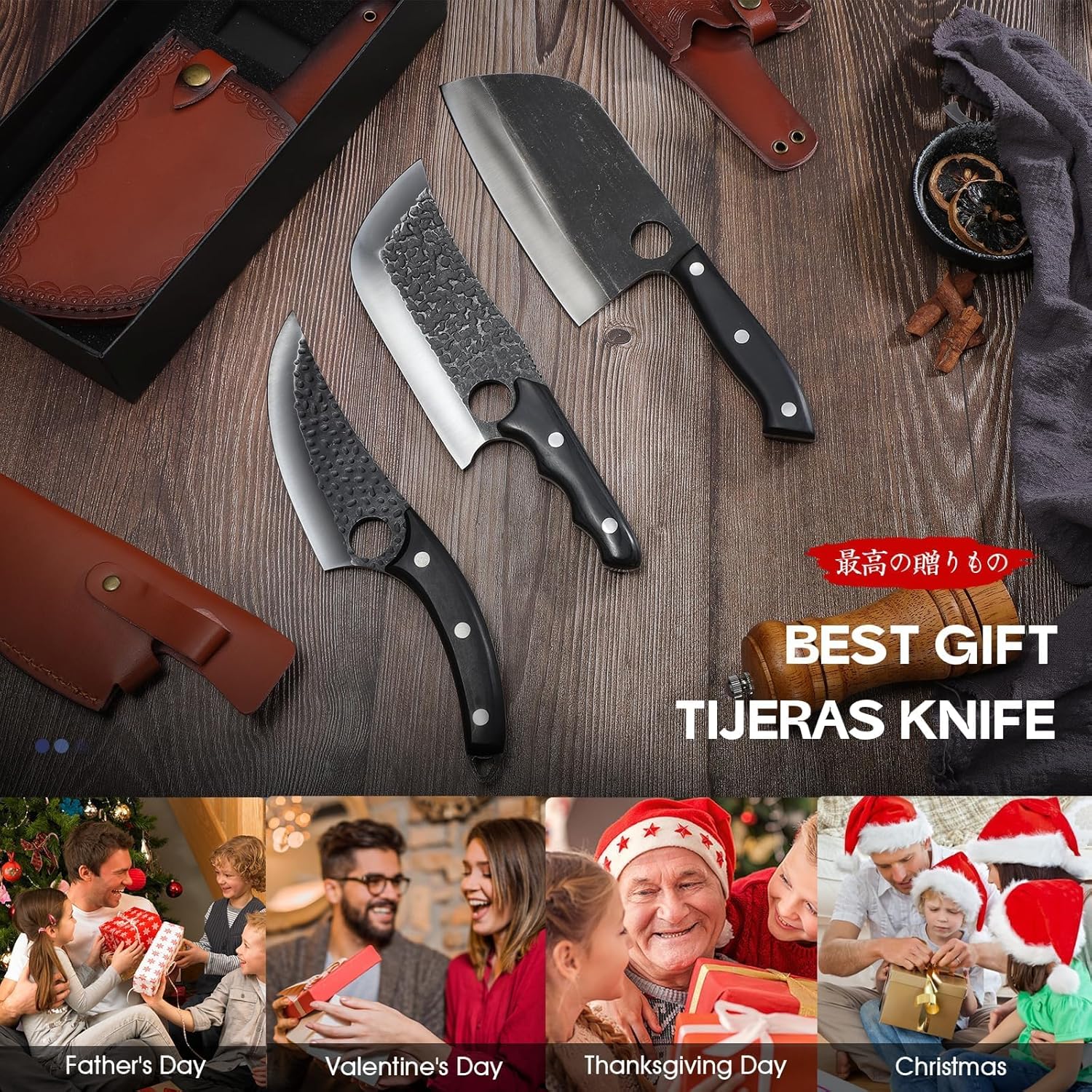 TIJERAS Butcher Knife Set, 3PCS Hand Forged Meat Cleaver, Serbian Chef Knife, Viking Knives with Sheaths, Meat Cutting Chef Knives Set for Kitchen Camping BBQ, Gifts for Men and Women