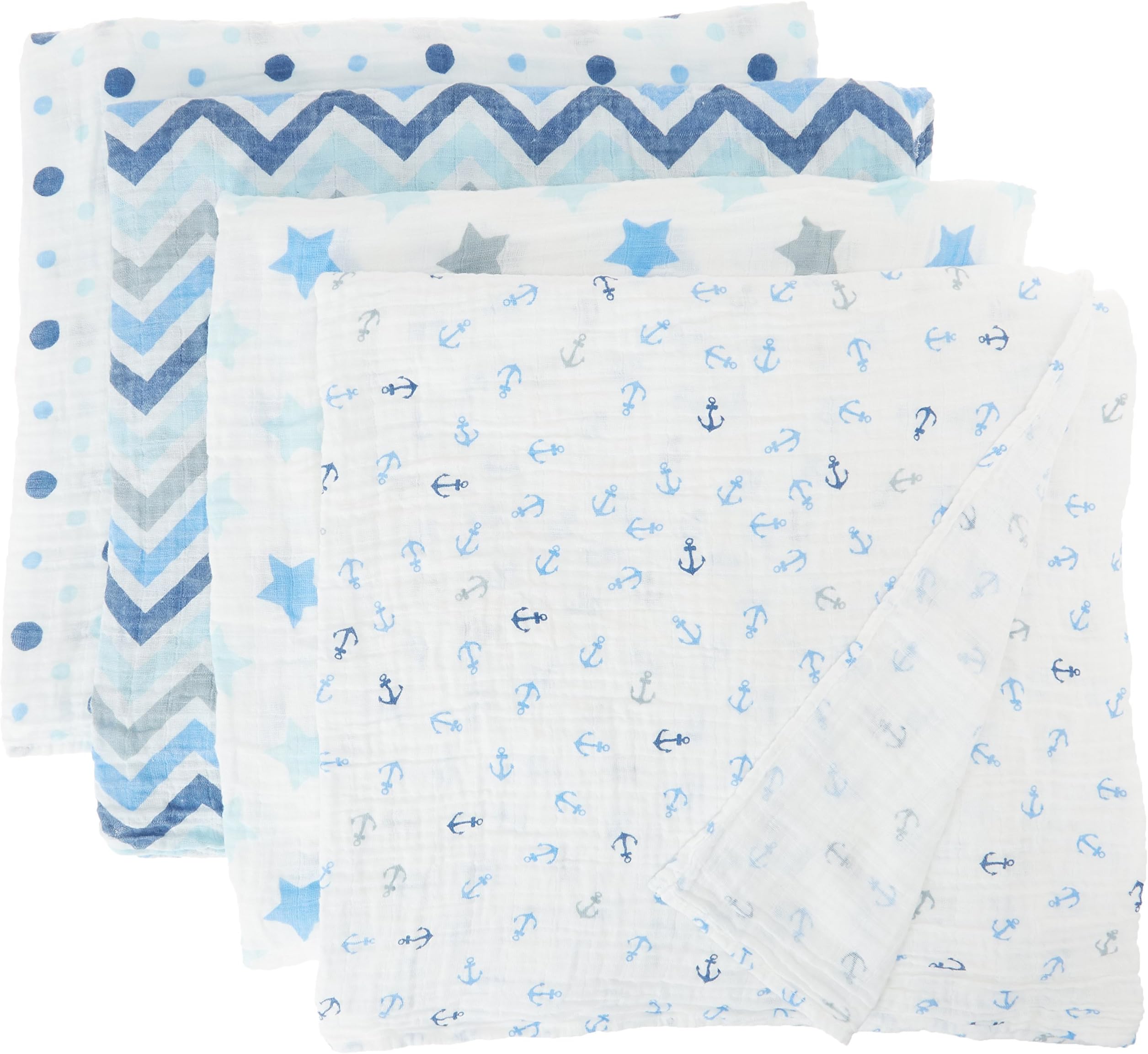 Blisscosy Silky Soft Classic Large Muslin Swaddle Blanket, 4 count 47 inch x 47 inch, Gift Box Set - 4 Pack A6A001 Assorted Blue, Christmas gift