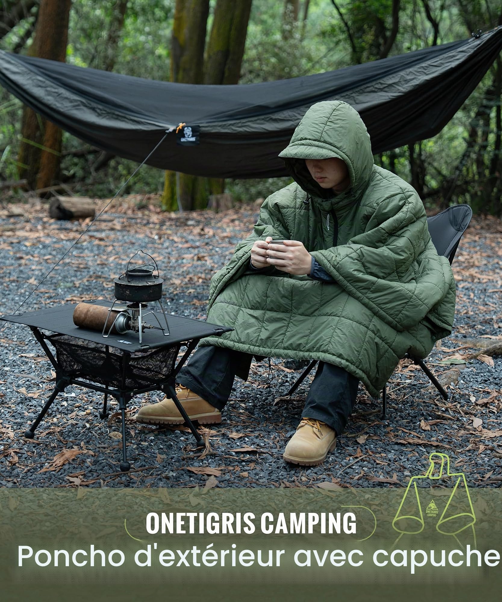 OneTigris Poncho de camping avec isolation Thinsulate 3M, couverture imperméable chaude avec grandes poches, couverture à capuche portable pour extérieur, randonnée, voyage