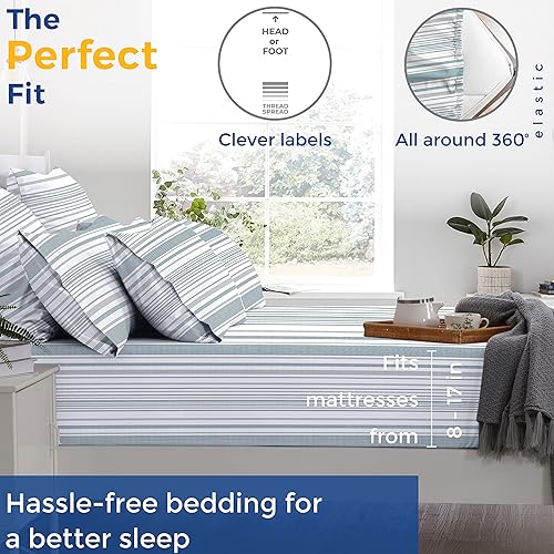 Miniatura 4 de THREAD SPREAD Sábanas 100% algodón estampadas, 600 hilos, juego de sábanas de 4 piezas con puntos azules y grises a rayas, sábanas de satén de lujo