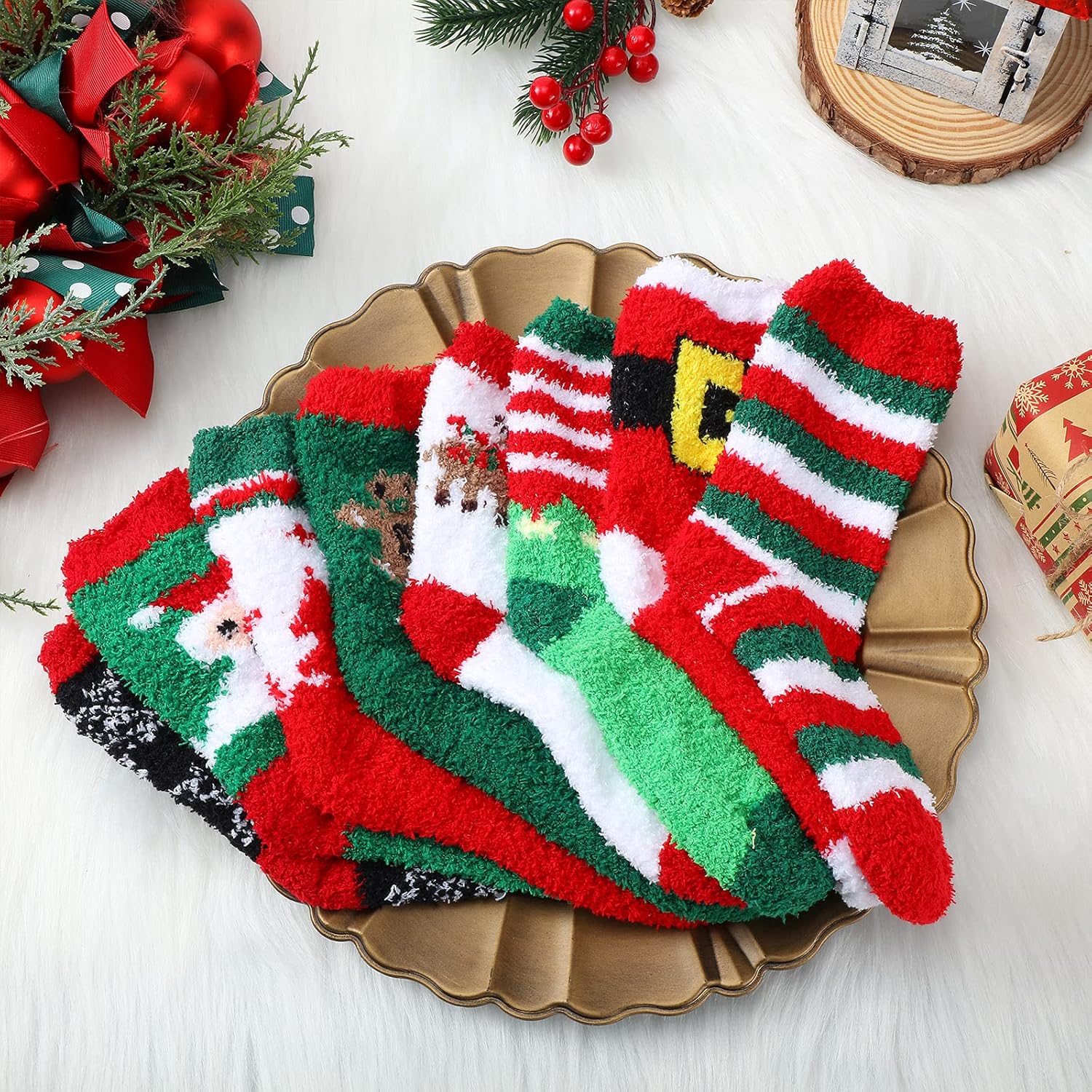 SATINIOR 8 Pairs Christmas Xmas Winter Fluffy Socks Plush Slipper Socks for Women (Charming Style) - Image 6