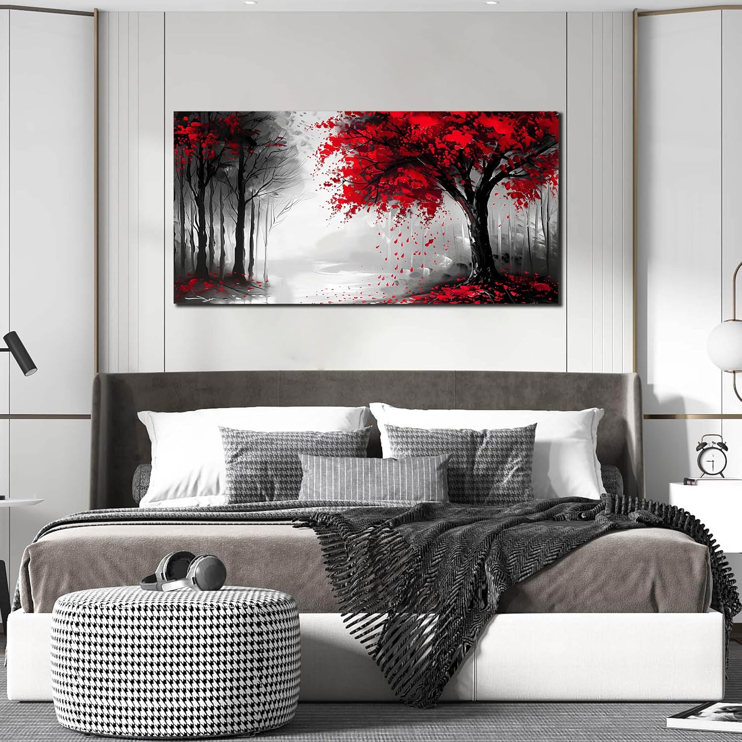 Large Canvas Wall Art for Living Room Black White and Red Forest Print Pictures Painting Framed Wall Decor for Bedroom Modern Home Plant Scenery Wall Decorations Artwork Size 24x48 Ready to Hang