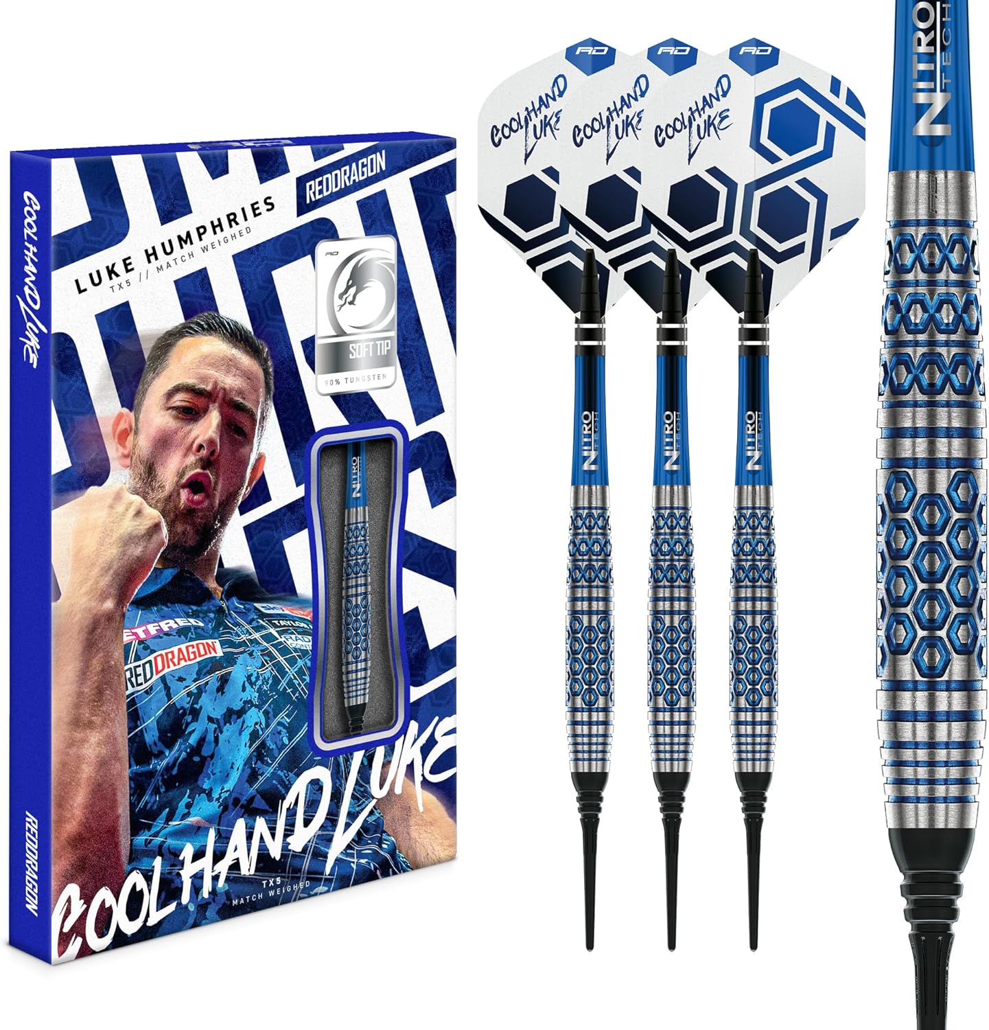 RED DRAGON Darts - Professional Player - Luke Humphries 'Coolhand' TX5 Series | 90% Professional Tungsten Darts Set - Includes Flights & Stems | Available in 18g Soft Tip & 23g, 25g Steel Tip Dart Set
