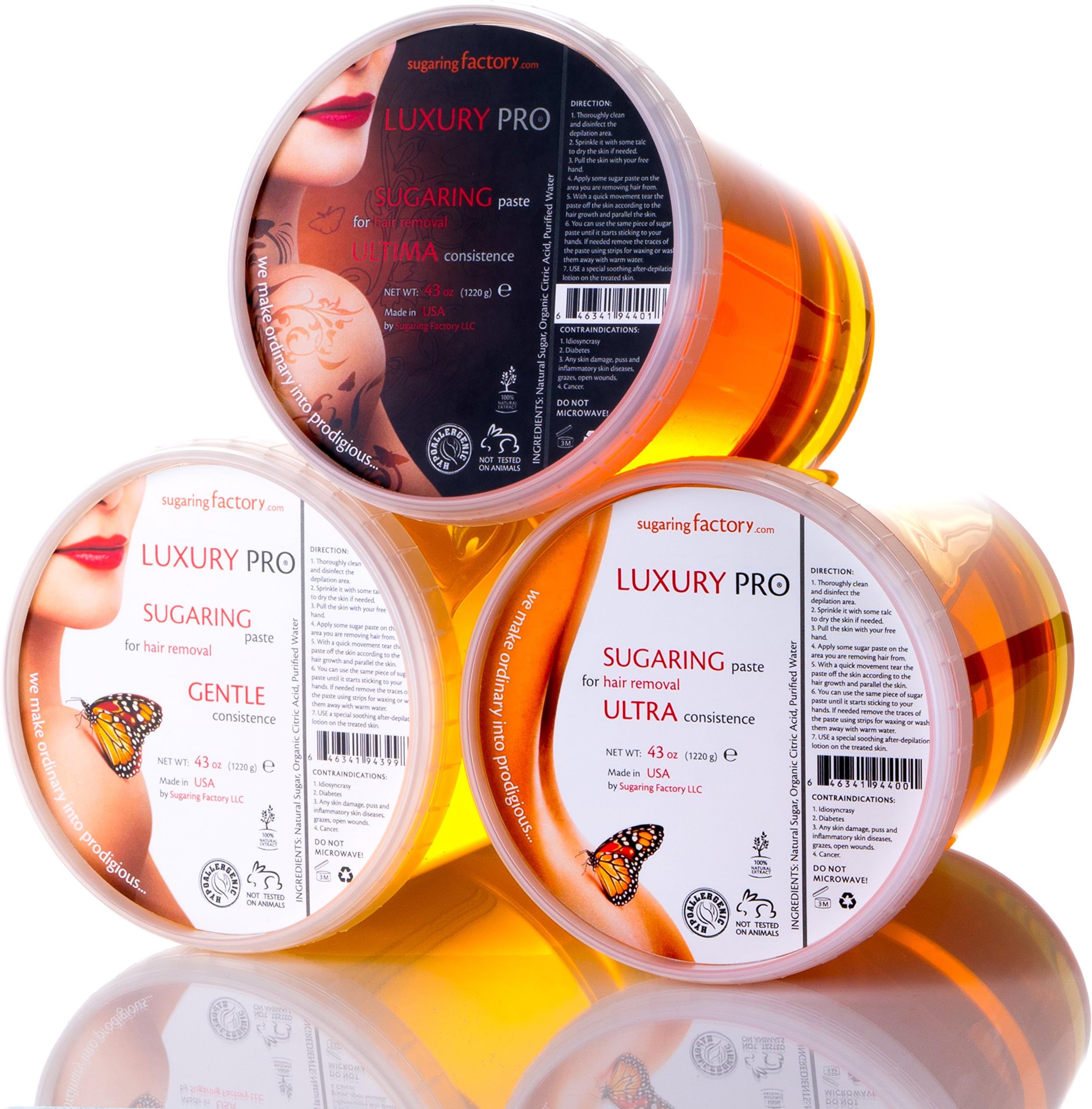 Sugaring Factory Sugaring Paste, 3 Pack - Luxury Soft, Luxury Gentle, Luxury Ultra - Organic Sugar Wax for All Body Hair Removal, Made in USA, Long-Lasting Results, Unisex Hair Removal Agent