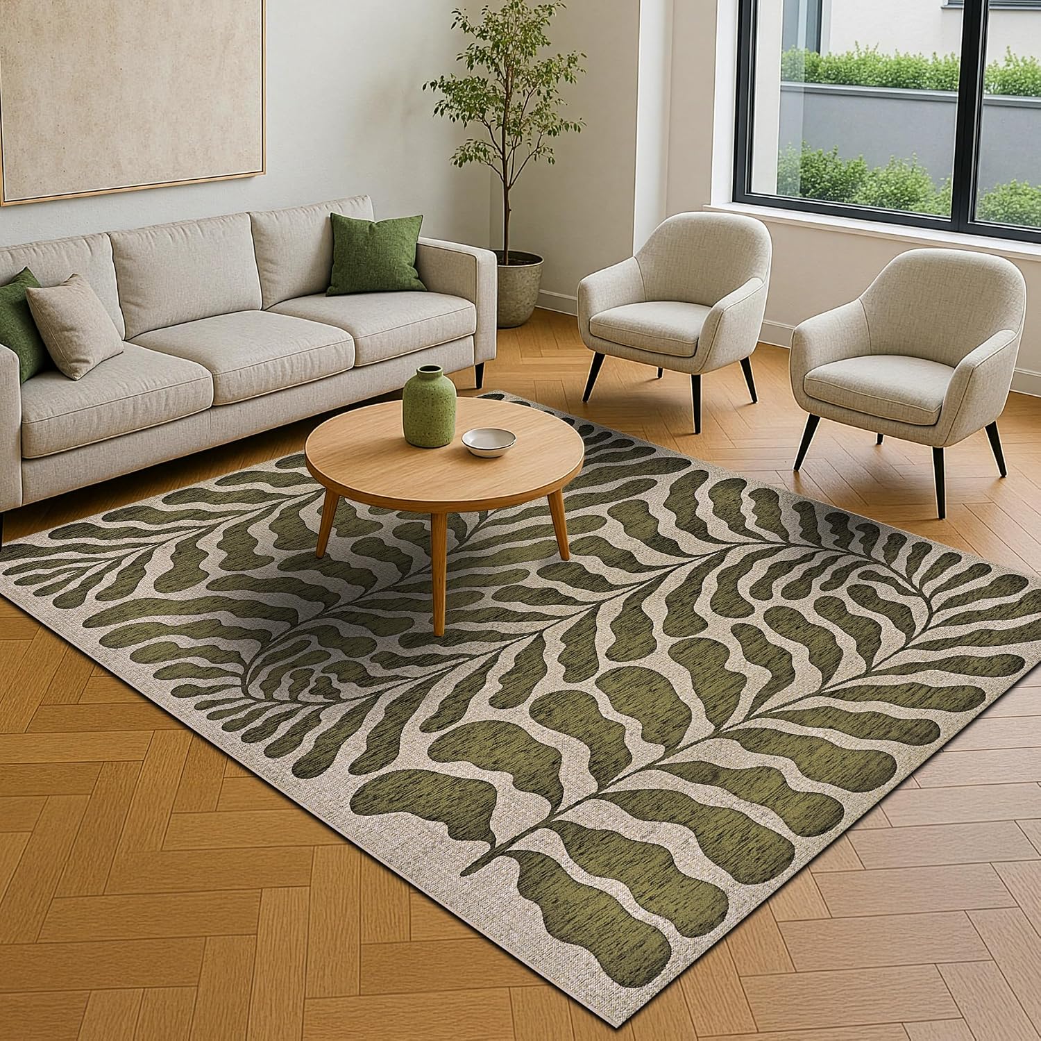 Couristan Leaf Pattern Indoor-Outdoor Rug - 5'3" x 7'6" Fiore Green Area Rug Botanical Design, Flatwoven Texture, UV-Stabilized Fibers, and Easy-Clean Durable Design for Patio, Living Room, or Balcony