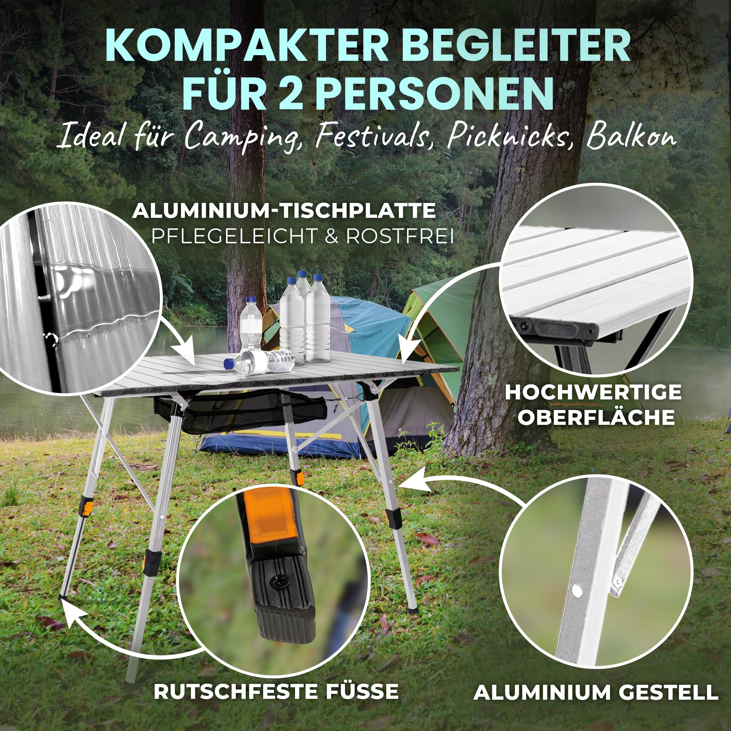 Camping Klapptisch höhenverstellbar bis 69,5 cm Aluminium Campingtisch faltbar Camping Rolltisch 2 Personen Balkontisch Klapptisch Silber leicht mit Tragetasche Netz Aufrollbar klappbar Garten