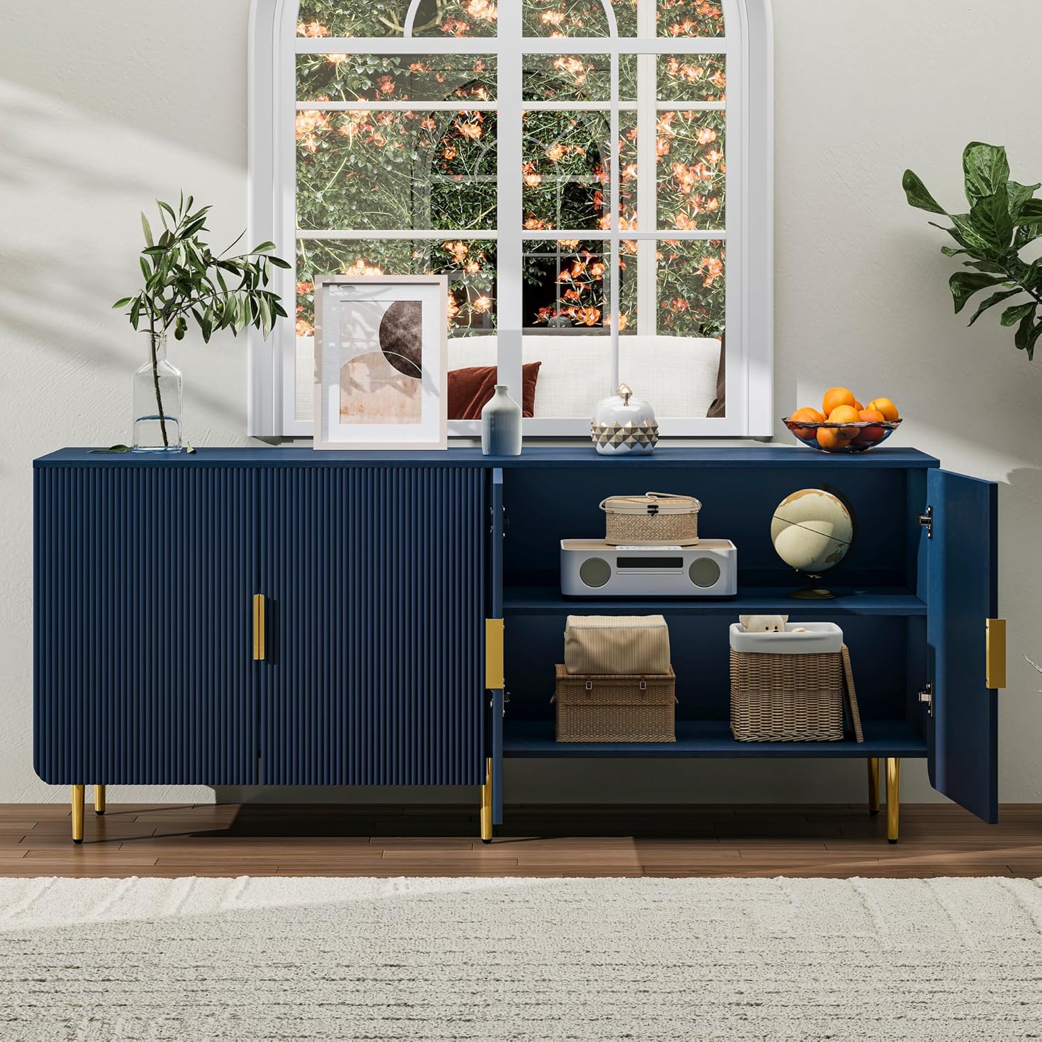 65" Fluted Sideboard Buffet Cabinet with Storage, Console Cabinet with 4 Doors & Adjustable Shelves, Modern Buffet Table for Kitchen Dining Living Room Hallway‌ Entryway, Blue