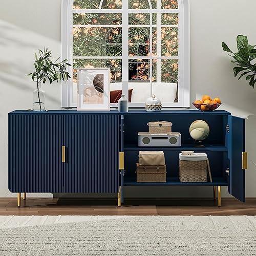 Miniatura 4 de Armario de buffet acanalado de 65 pulgadas con almacenamiento, gabinete de consola con 4 puertas y estantes ajustables, mesa de buffet moderna para