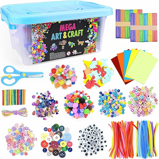 1500Pcs Art Craft Kits for Kids, Include Pipe Cleaners, Pom Poms, Wiggle Eyes, Multicoloured Paper, Colour Buttons,Beads, DIY Toys Gifts Kids Education Supplies, Includes Instructions Booklet